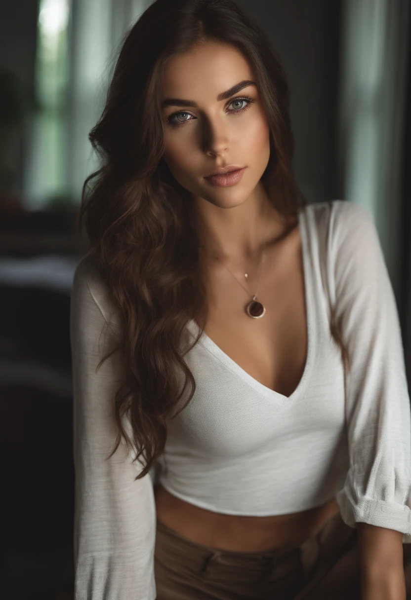 arafed woman with a white tank top and a necklace, sexy girl with green eyes, portrait sophie mudd, brown hair and large eyes, selfie of a young woman, bedroom eyes, violet myers, without makeup, natural makeup, looking directly at the camera, face with artgram, subtle makeup, stunning full body shot, piercing green eyes, beautiful angle, attractive pose, cute girl, sexy pose, full body picture, full body, full body shoot, brunette goddess, high detail, satisfied pose, leather pants