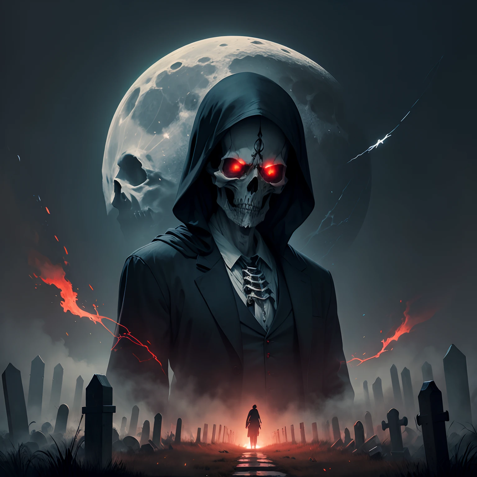 masterpiece,top-quality,realisitic,Old cemetery,Moon Night,Grim Reaper of the Skull with a Sickle,Red fog,Fireflies fly