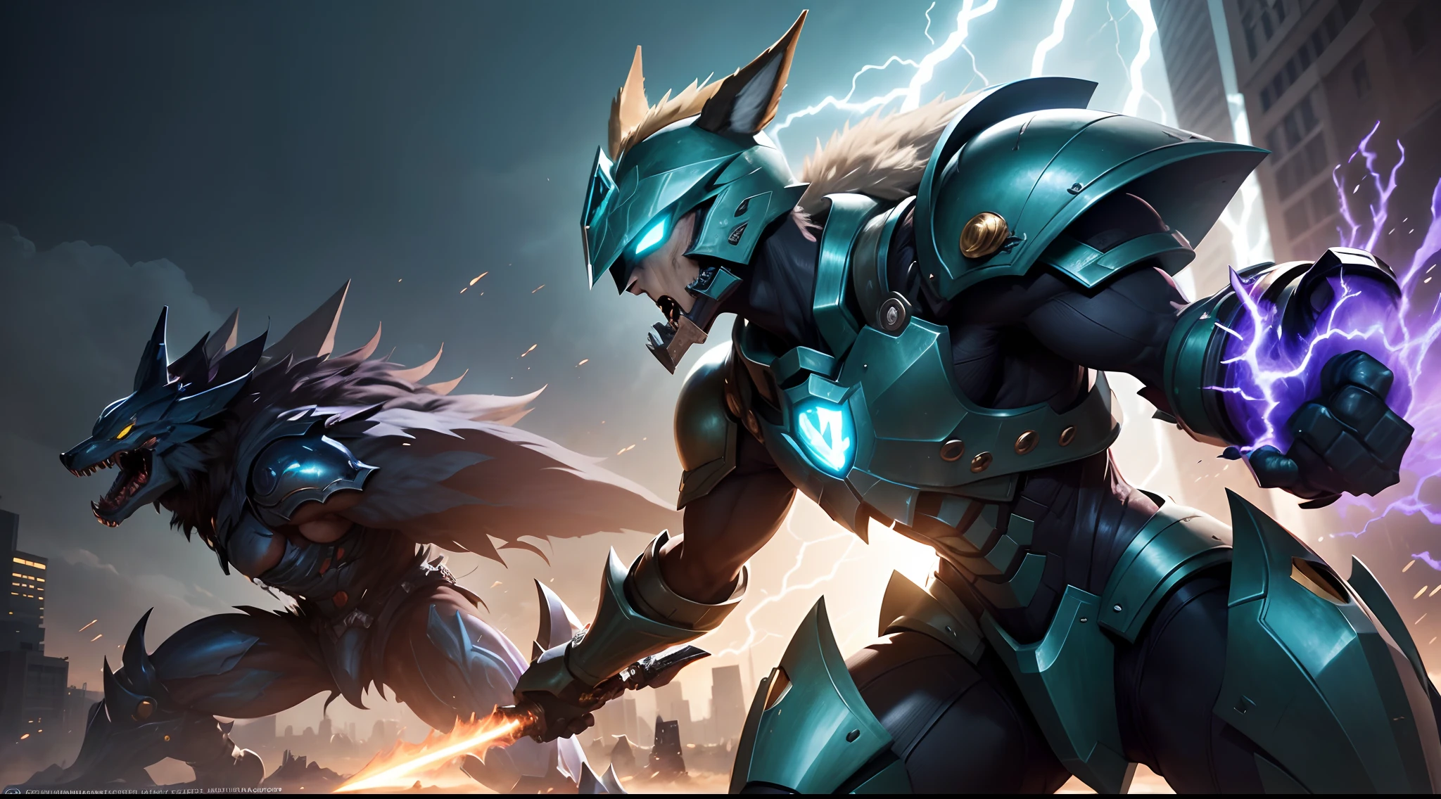 Yu-Gi-Oh Zoid wild wolf Digimon Knight armor green using sword in hand skill power wearing shield in hand League of Legends splash art, official splash art, nasus, League of Legends art, League of Legends character art, League of Legends, League of Legends splashart Ultra High Definition, best quality, Hyper detailed best quality, high quality, High Details, Juicy, Accurate, Anatomically Correct, Textured Skin, UHD, 1080p Splash Art, Detailed Costume, Intense Action Scene, Extraordinary Skills, Breathtaking Special Effects, Cinematic Quality, Epic Showdown, Realistic CGI, High Definition Resolution , Iconic superhero pose, dramatic composition, background city scenery, intense facial expression, intense energetic aura, Superhuman strength, lightning-fast speed, invincibility, determination.