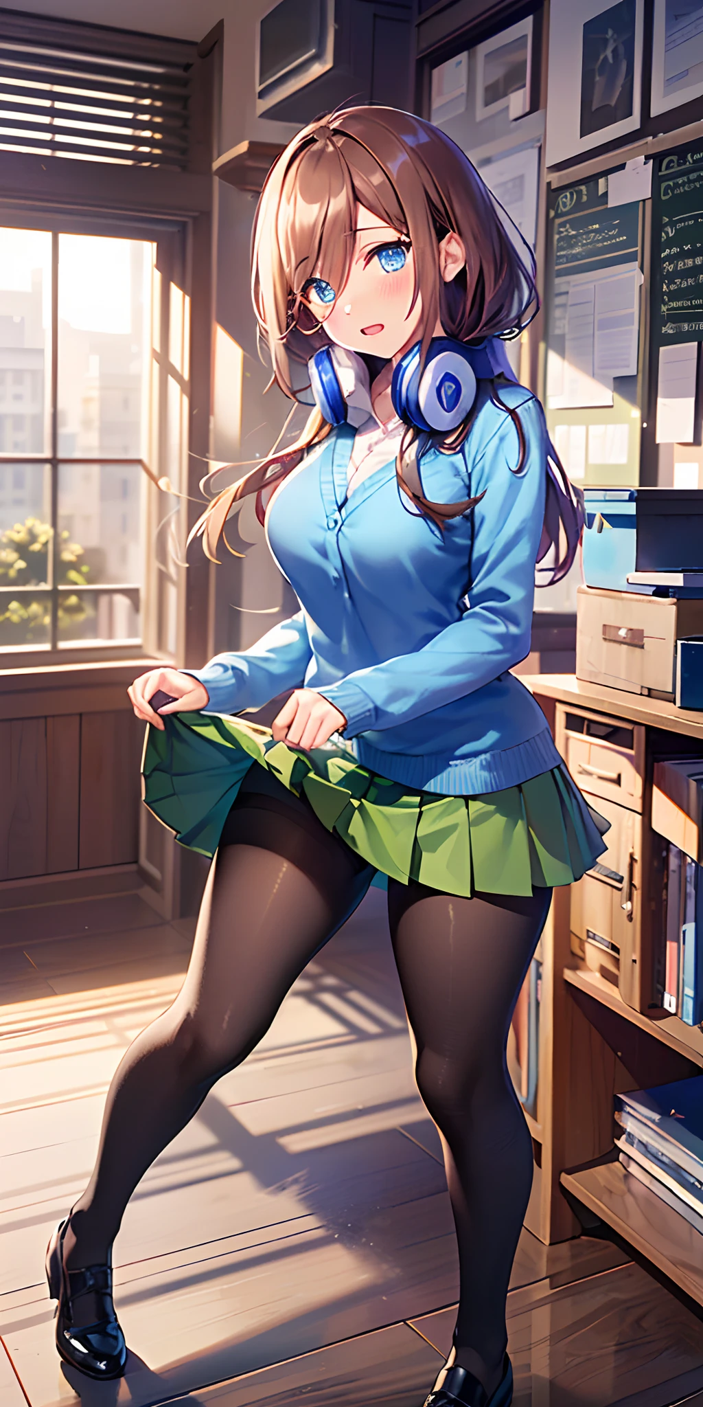 masutepiece, Best Quality, (Very detailed CG Unity 8K wallpaper) (Best Quality), (Best Illustration), (Best Shadows), Miku Nakano, Brown hair, Blue eyes, classroom, Beautiful detailed eyes, looking at viewer,((Blue Cardigan)),((Short green pleated skirt)),((Black pantyhose)),orgasm in heat,pigeon toed,Hold the skirt up with your hands,