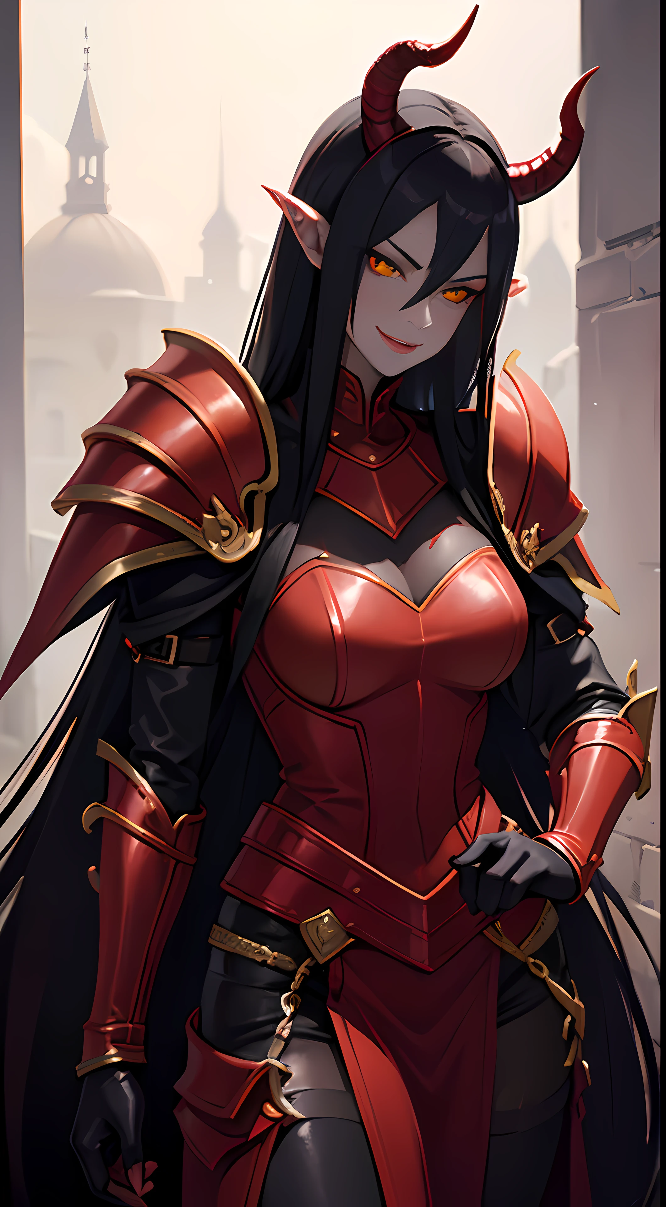 a Female tiefling rouge,portrait,medium,red skin,horns,long sleek black hair,piercing yellow eyes,detailed facial features, natural skin,((((leather armor)))),dagger in hand,mischievous smile,shadowy background,best quality,ultra-detailed,photorealistic,vivid colors,subtle warm tones,soft studio lighting