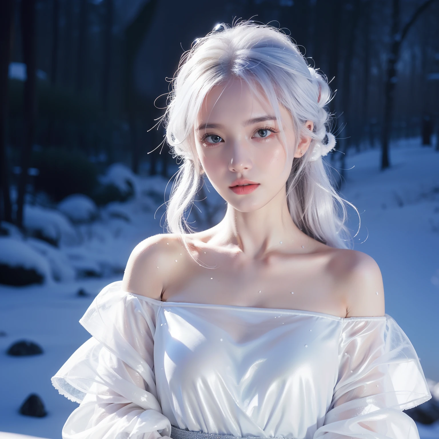 1girll,(Snow,Ice), snowflower, In winter, White hair, Shiny hair, Wavy hair, Transparent clothes, frilld, Lace, Wet clothes, Off_Shoulder, hair scrunchie,Masterpiece, Telephoto lens, absurderes, Exquisite facial features