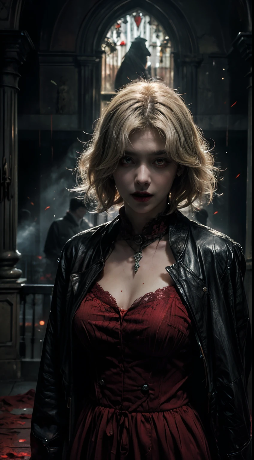 (opulent,A high resolution,super-fine),(Vampires),(((Red glowing eyes)))looks into camera,evil look,Clear facial features,Vampire fangs exposed,Wear gorgeous gothic dresses, blonde short hair,Biting the man's neck to suck blood,rosette,Skull decoration,the bats,The body is surrounded by red mist,rays of moonlight,Kingly temperament,cinematic rim light,The light is delicate,tmasterpiece,ultra - detailed,Epic composition,Super HD,high qulity,HighestQuali,32K