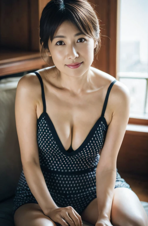 ((Best Quality, 8k, Masterpiece, Portrait: 1.3)), (looking at viewer),Photorealistic, Sharp Focus, 1 Beautiful Japanese Milf, ((wearing only camisole, only stained pantie)), Clothes with Cleavage View, 30 Years Old, Wavy Hair, ((Open your legs wide:1.5, Sit one knee up:1.5, show crotch)), (loose waist:0.5), darkness room, (open mouth:0.7),
