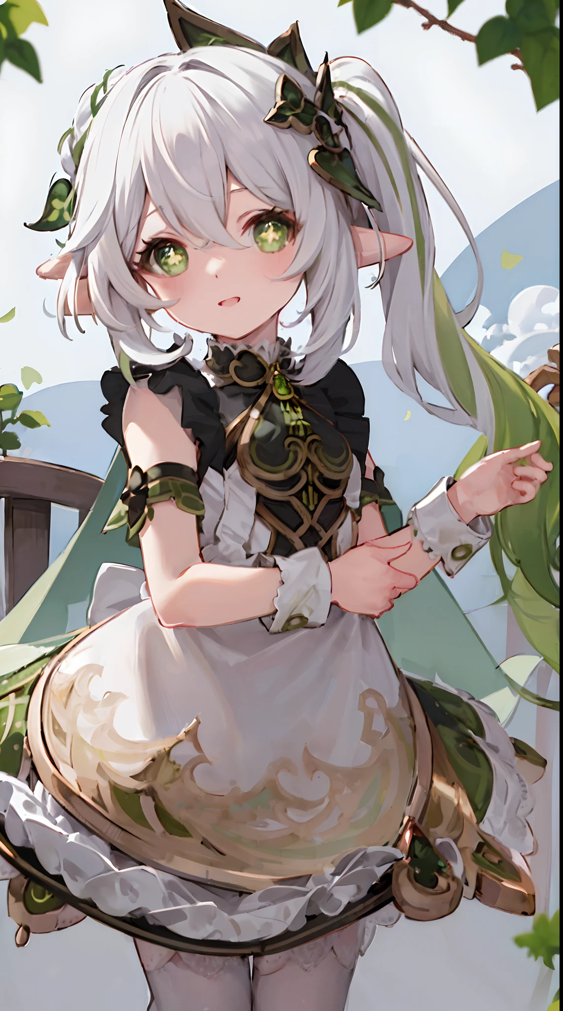 masterpiece, best quality, 1girl, solo, nahida_genshin, cross-shaped pupils, maid outfit, green cape, standing