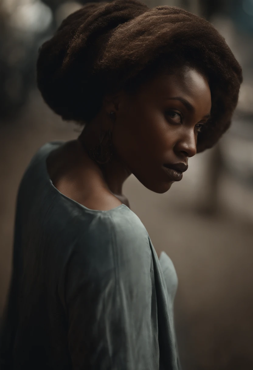 (best quality,8k,Masterpiece:1.3),sharp focus:1.2,detailed portrait of a beautiful African-American woman with a haunting expression. Her face exhibits the effects of drug abuse - sunken cheeks, hollow eyes, and worn-out skin. Despite the struggles, there is a sense of resilience on her face. She is dressed in tattered clothes, reflecting her difficult circumstances. The background showcases a rundown urban setting, depicting the stark contrast between her inner strength and the harsh realities of her life. The lighting emphasizes her features, casting deep shadows to accentuate her struggles and journey. The color palette is muted, with hints of blues and grays, symbolizing both vulnerability and strength.
