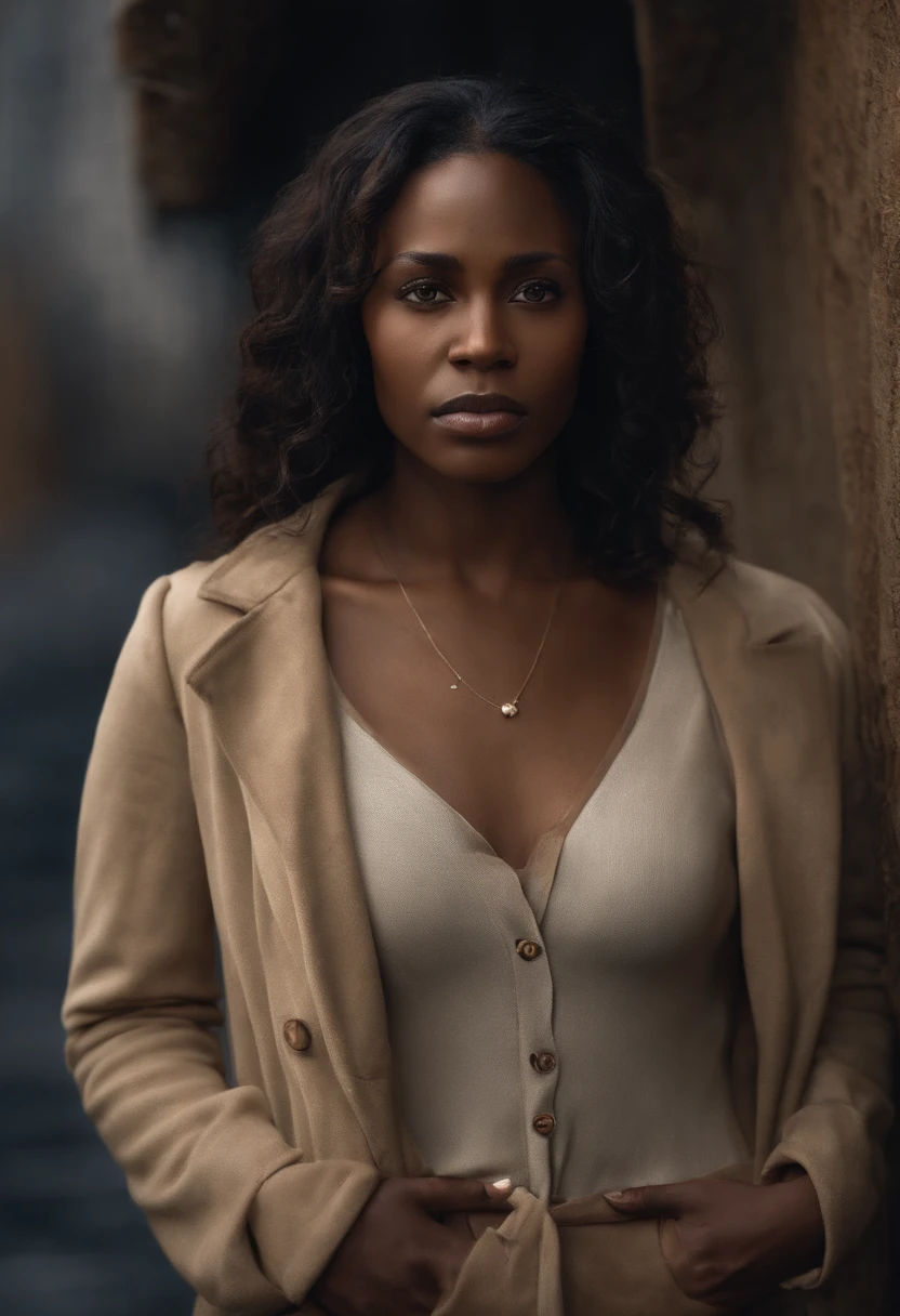 (best quality,8k,Masterpiece:1.3),sharp focus:1.2,detailed portrait of a beautiful African-American woman with a haunting expression. Her face exhibits the effects of drug abuse - sunken cheeks, hollow eyes, and worn-out skin. Despite the struggles, there is a sense of resilience on her face. She is dressed in tattered clothes, reflecting her difficult circumstances. The background showcases a rundown urban setting, depicting the stark contrast between her inner strength and the harsh realities of her life. The lighting emphasizes her features, casting deep shadows to accentuate her struggles and journey. The color palette is muted, with hints of blues and grays, symbolizing both vulnerability and strength.