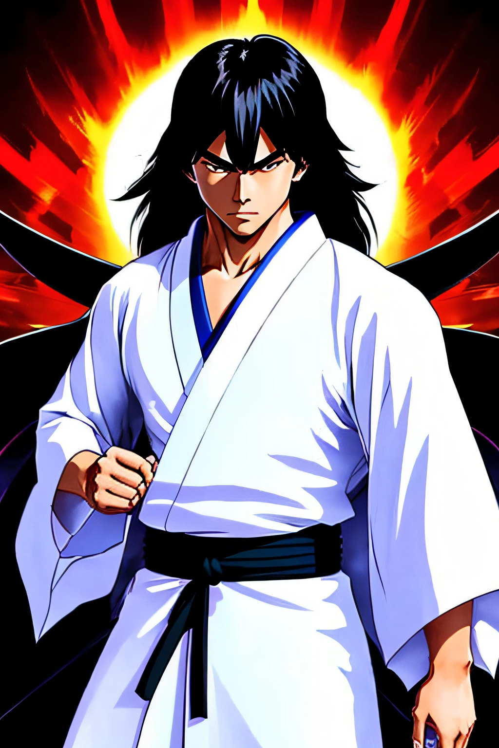 (1boy, muscular young body, serious face, long dark hair, dark eyes, wearing a samurai white kimono, carrying a huge european longsword, white power aura) vibrant colors, japanese aesthetic