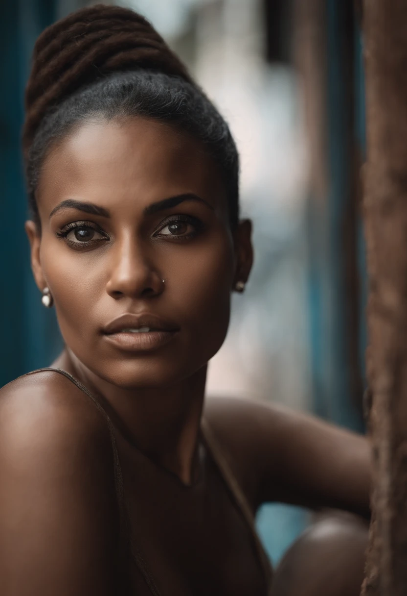 (best quality,8k,master part:1.3),foco nítido:1.2,Detailed portrait of a beautiful African-American woman with a haunting expression. Seu rosto exibe os efeitos do abuso de drogas - bochechas afundadas, olhos ocos, e pele desgastada. Apesar das lutas, There's a sense of resilience on his face. She's dressed in tattered clothes, reflecting your difficult circumstances. The background shows a run-down urban setting, portraying the stark contrast between his inner strength and the harsh realities of his life. Lighting emphasizes its characteristics, casting deep shadows to accentuate their struggles and journey. The color palette is muted, com toques de azuis e cinzas, symbolizing vulnerability and strength.