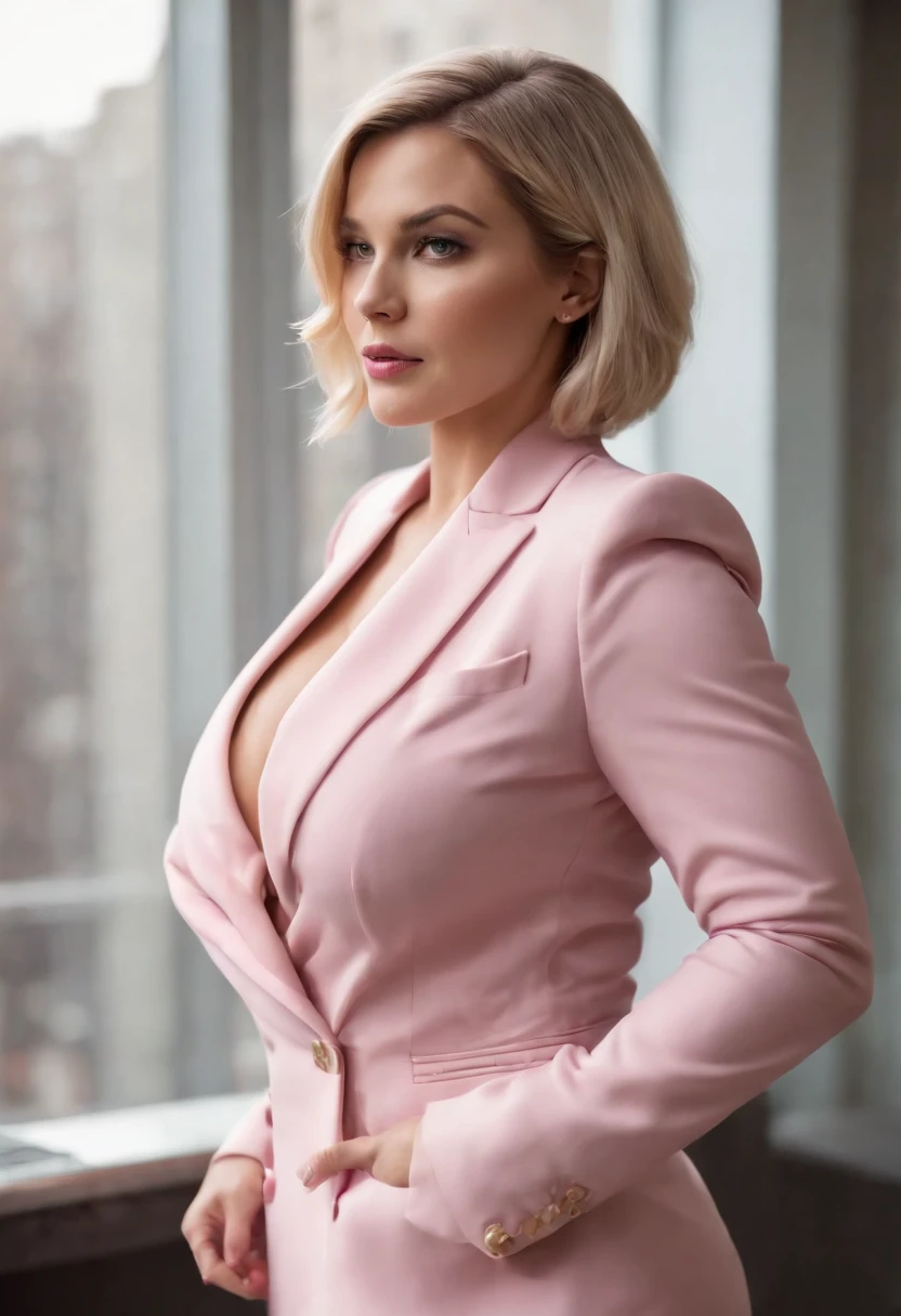 Elegant curvy muscular politician grows larger than her office as her massive growing body outgrows her cute professional pink suit. short blonde bob, extremely wide hips, very huge perky boobs, thicc thighs, massive ass, giantess, very tall, extremely muscular arms, muscular legs, broad shoulders, long professional purple skirt