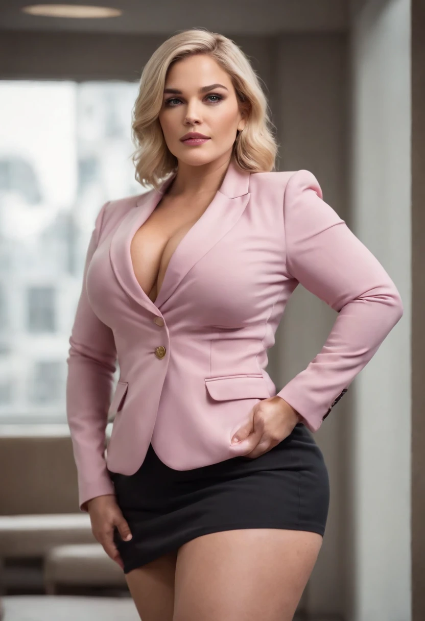 Elegant curvy muscular politician grows larger than her office as her massive growing body outgrows her cute professional pink suit. short blonde bob, extremely wide hips, very huge perky boobs, thicc thighs, massive ass, giantess, very tall, extremely muscular arms, muscular legs, broad shoulders, long professional purple skirt