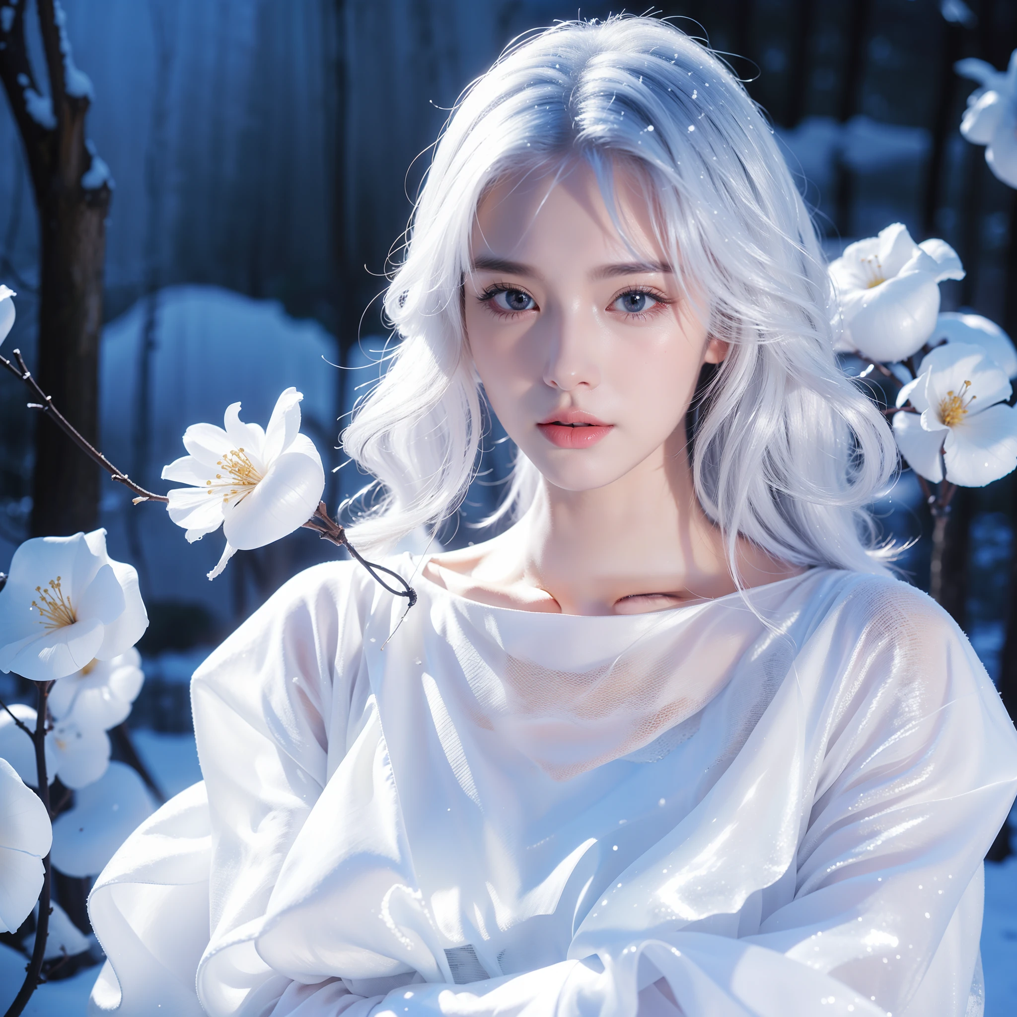 1girll,(Snow,Ice), snowflower, In winter, White hair, Shiny hair, Wavy hair, Transparent clothes, frilld, Lace, Wet clothes, Off_Shoulder, hair scrunchie,Masterpiece, Telephoto lens, absurderes, Exquisite facial features