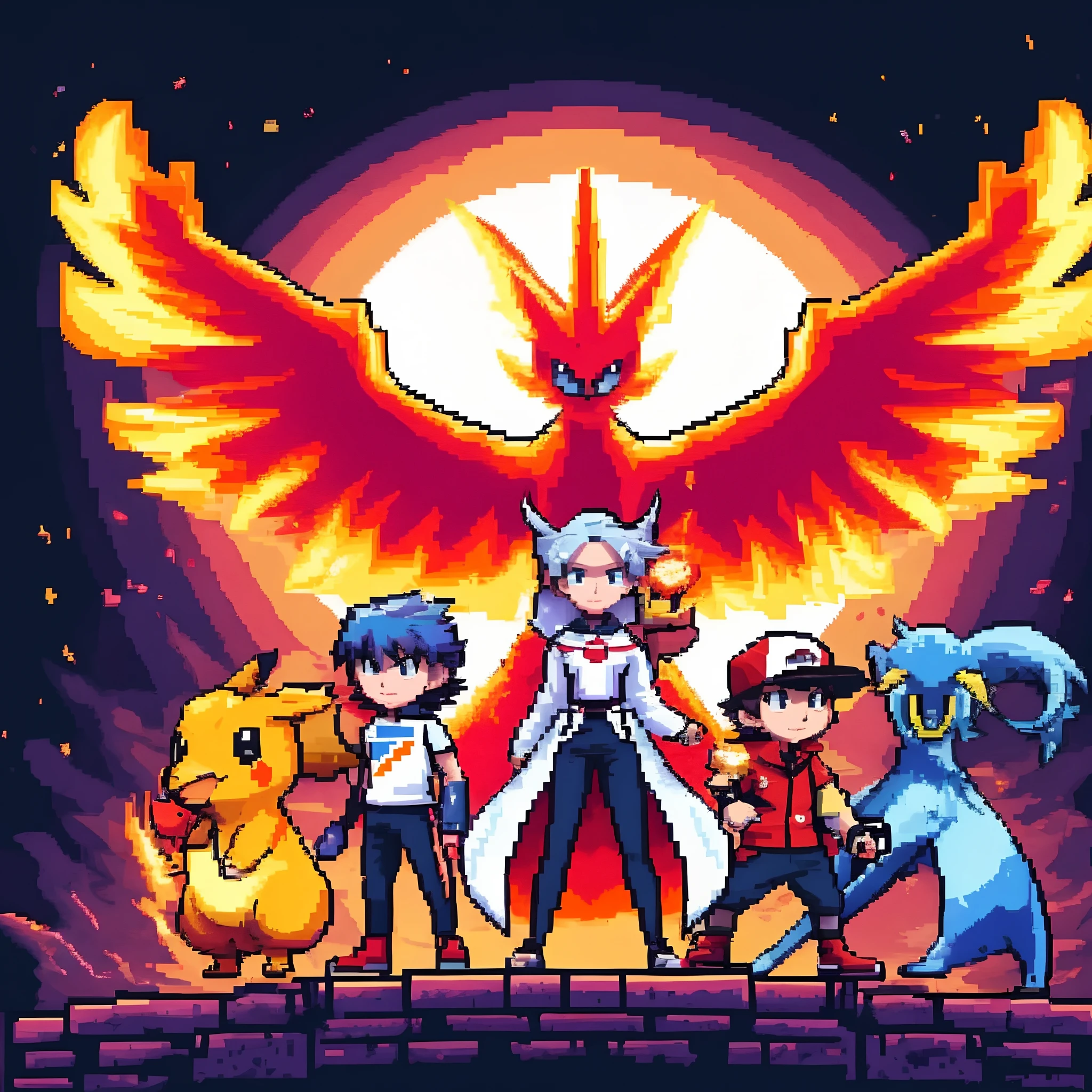 A group of Pokémon characters standing on a platform with a giant bird above them, estilo de arte pokemon, estilo de anime pokemon, estilo pokemon, Arte do pixel Kirokaze, Feito em fabricante de RPG, illustration pokemon, com sprites familiares, pokemon trainer, 2 d sprites, fire type, pixel art animation, Fanart do jogo 2D, para pokemon vermelho e azul