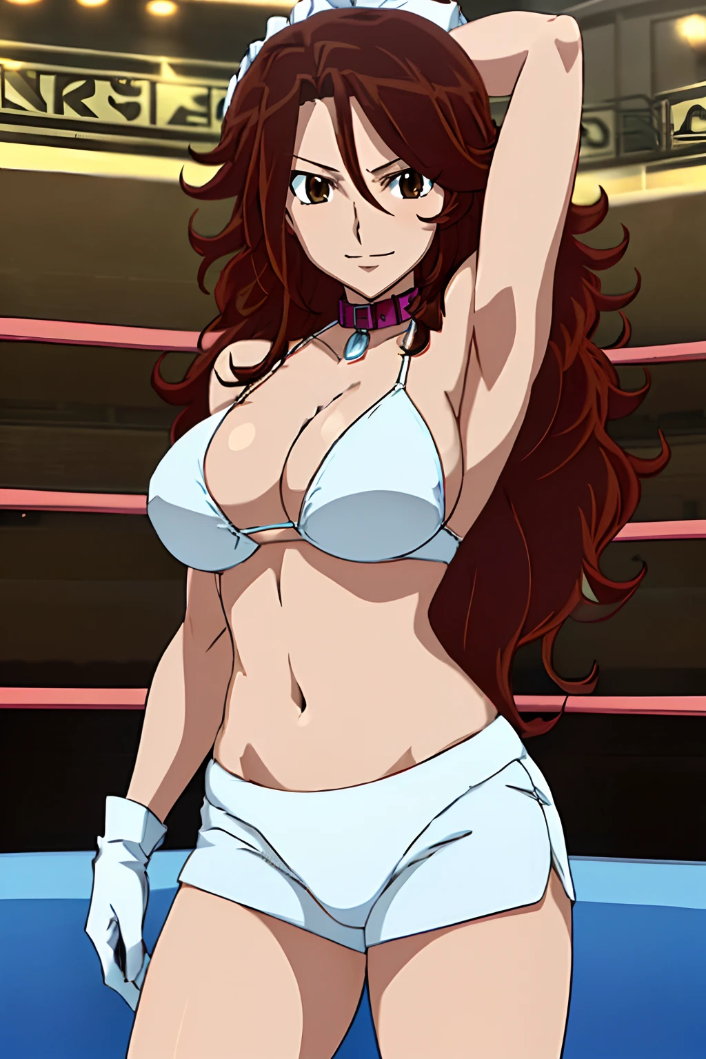 cowboy shot, body view, anime style: 1.8, anime drawing, ultra detailed face, ultra detailed body, 4k, Sumergai Lee Noriega, (standing), best quality, anime style, hires, highest definition, digital blending, bold drawing lines, ((, female wrestler), (location: wrestling arena, crowds watching), ( little biceps, thighs, off-shoulders, (curvy: 2.8)), ((white bikini, shorts, groin, , white gloves, collar)), victorious, winner, smile, , (big breasts, smirk), (big eyes, brown eyes), (warming up), (brown hair, loose hair, curly hair, wavy hair, long hair, missy hair), 27 years old, clapping