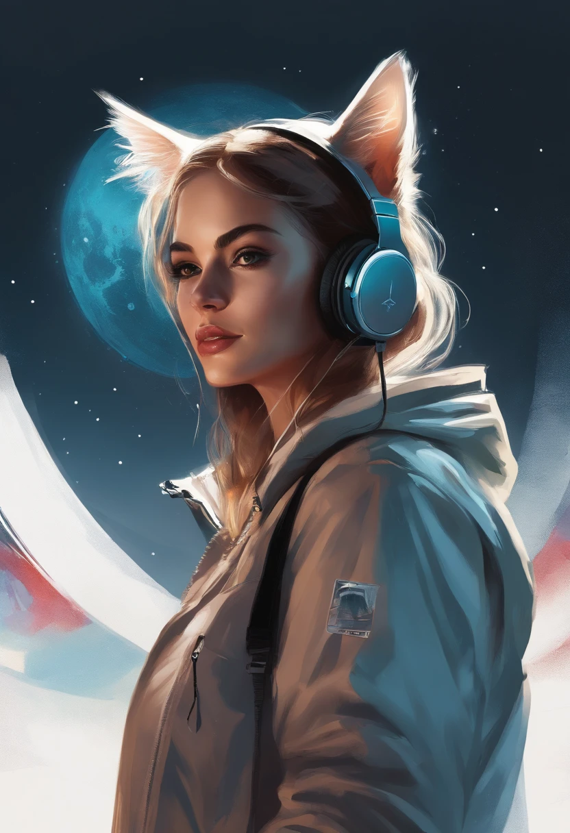 Perfect centering, A cute kitten all over, Wear a student jacket, Wearing sunglasses, Wearing headphones, Standing position, Abstract beauty, Centered, Looking at the camera, Facing the camera, nearing perfection, Dynamic, Moonlight, Highly detailed, Digital painting, art stations, concept-art, smooth, Sharp focus, 8K, high definition resolution, illustration, Art by Carne Griffiths and Wadim Kashin, White background