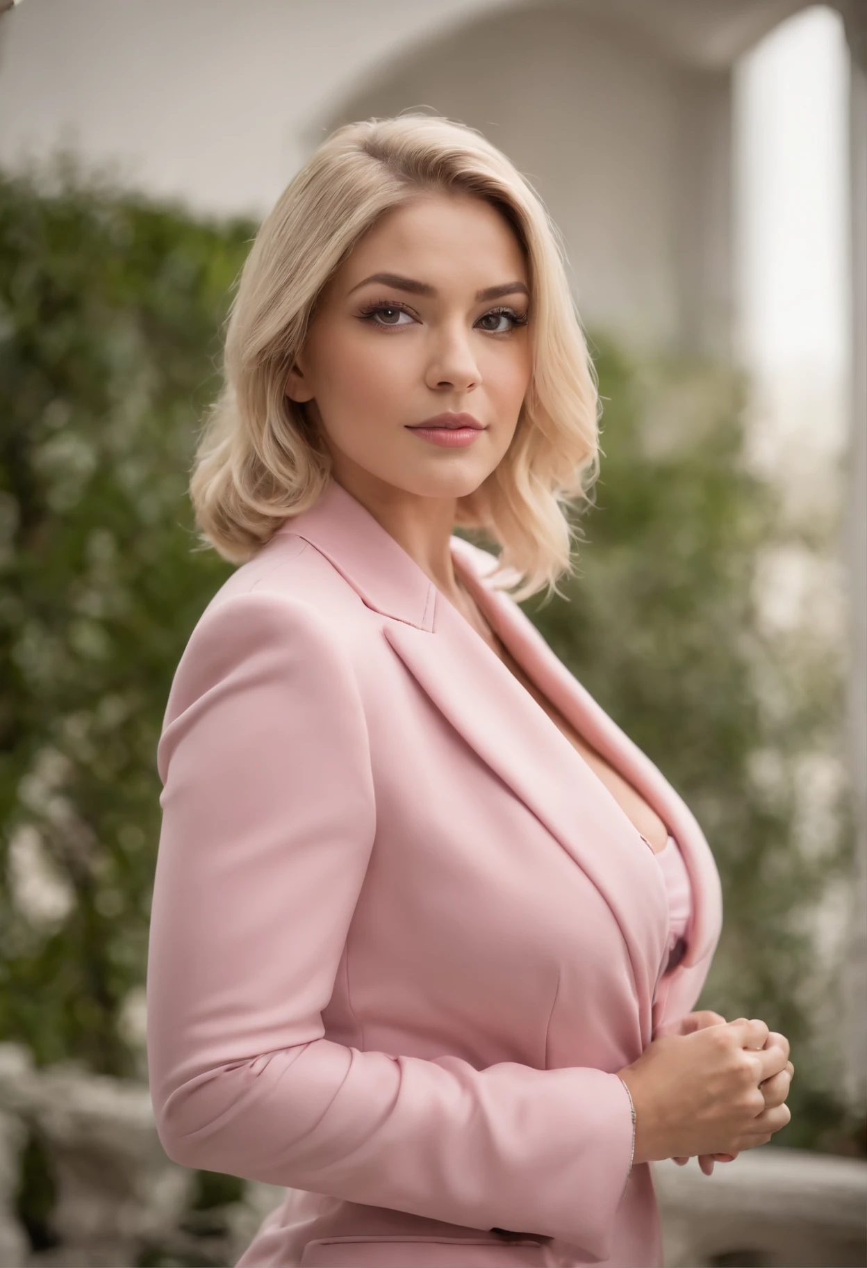 Elegant curvy muscular politician grows larger than her office as her massive growing body outgrows her cute professional pink suit. short blonde bob, extremely wide hips, very huge perky boobs, thicc thighs, massive ass, giantess, very tall, extremely muscular arms, muscular legs, broad shoulders, long professional purple skirt