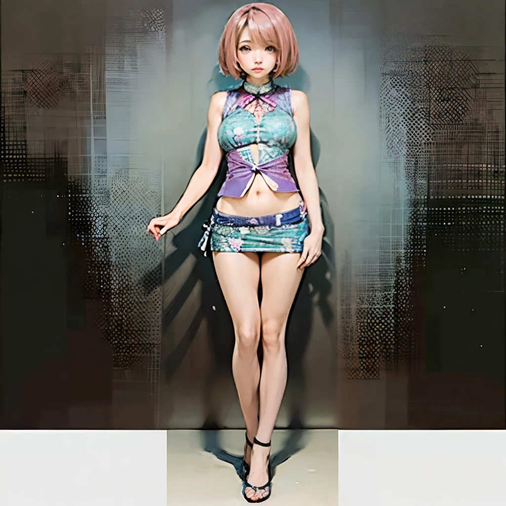 1 girl, (batik, traditional, exotic, plunge neck, sleeveless, full body:1.3), navel, (microskirt), gigantic breasts, bangs, (straight hair, short hair:1.2), pink hair, red eyes, (best quality, looking at viewer)