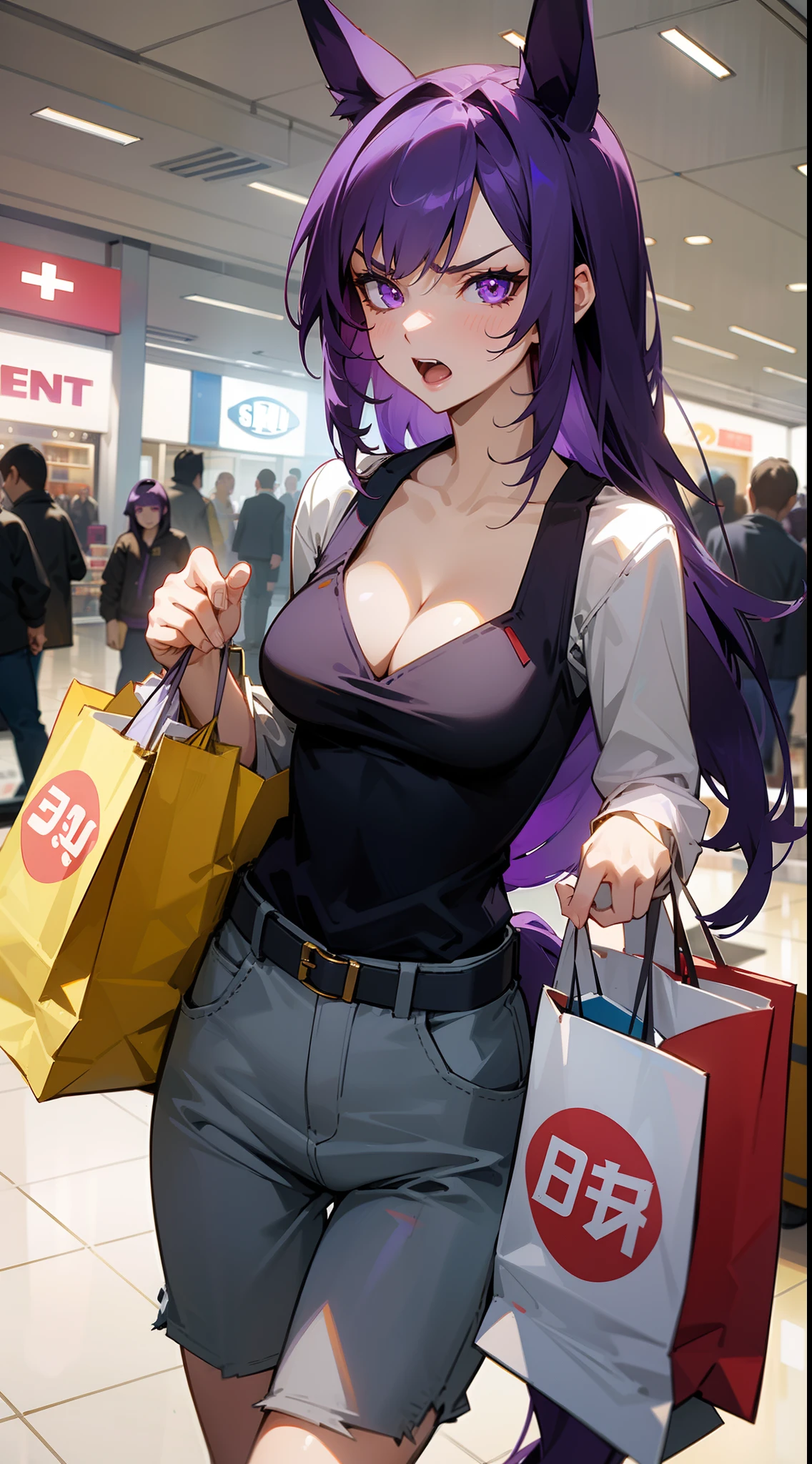 1girl,solo,mature female,medium breasts,casual outfit,cleavage,purple hair,long hair,horse ears,horse tail,purple eyes,angry face,open mouth,walking in a shopping mall, several stores around,cowboy shot