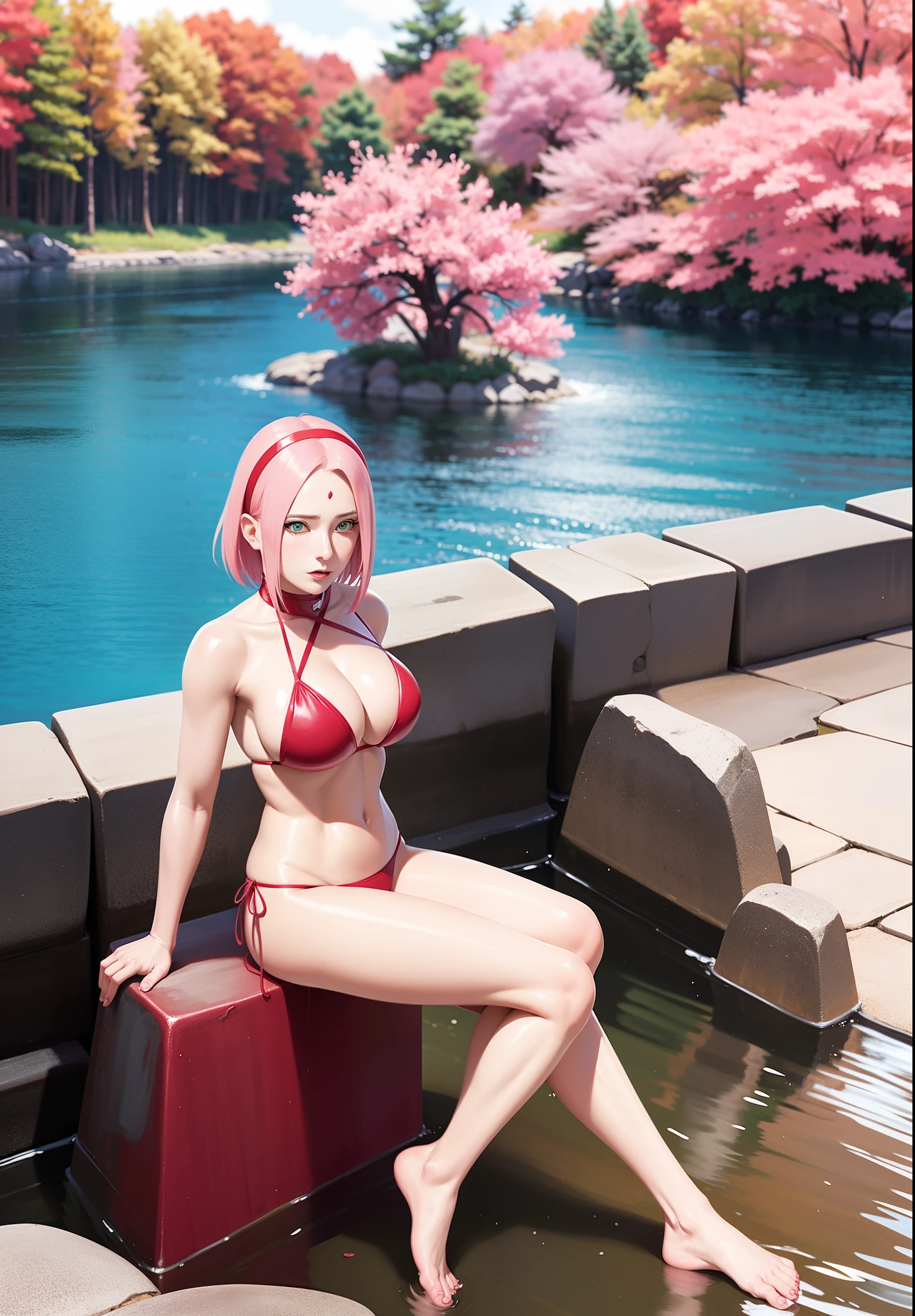 a woman in a red bikini posing in a river, sakura haruno, haruno sakura, sakura haruno in slug sage mode, alena aenami and artgerm, sakura kinomoto, ross tran 8 k, sakura petals around her, seductive anime girl, extremely detailed artgerm, beautiful alluring anime woman, from naruto, smooth pink skin