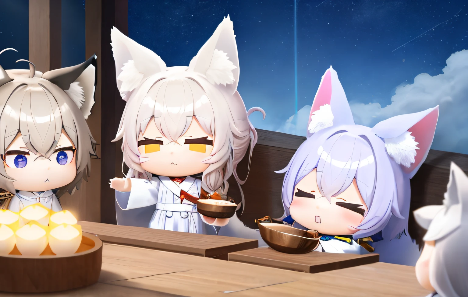 Waving the flag at the summit、Pop Mart Blind Box IP、Close up of cute white robe doll、Young One Angel Style、Wear longer, Dress fluently、Lop style、Poseline doll、Little people々々々々々々々々々々々々々々々々々々々々々々。unreal enginee 5、Light 3D/C4D production: 8K HD quality/illuminating/Ultra-fine lens description 1.5、flawless、Chibi Background/Cinematic。Tuna bowl、macadamia、(((7Foxes get along well)))