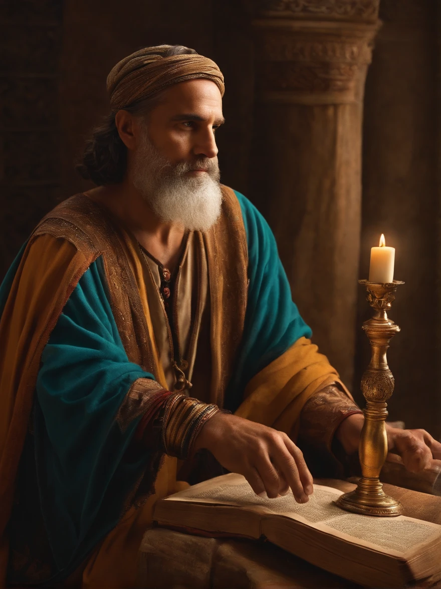 (Biblical times) On the left is jeremiah (personagem biblico) Povos judeus，Holding a roller in your hand, tem a aparencia sofrida, His gaze is charged with hope, is looking to the right of the image, profundidade de campos,