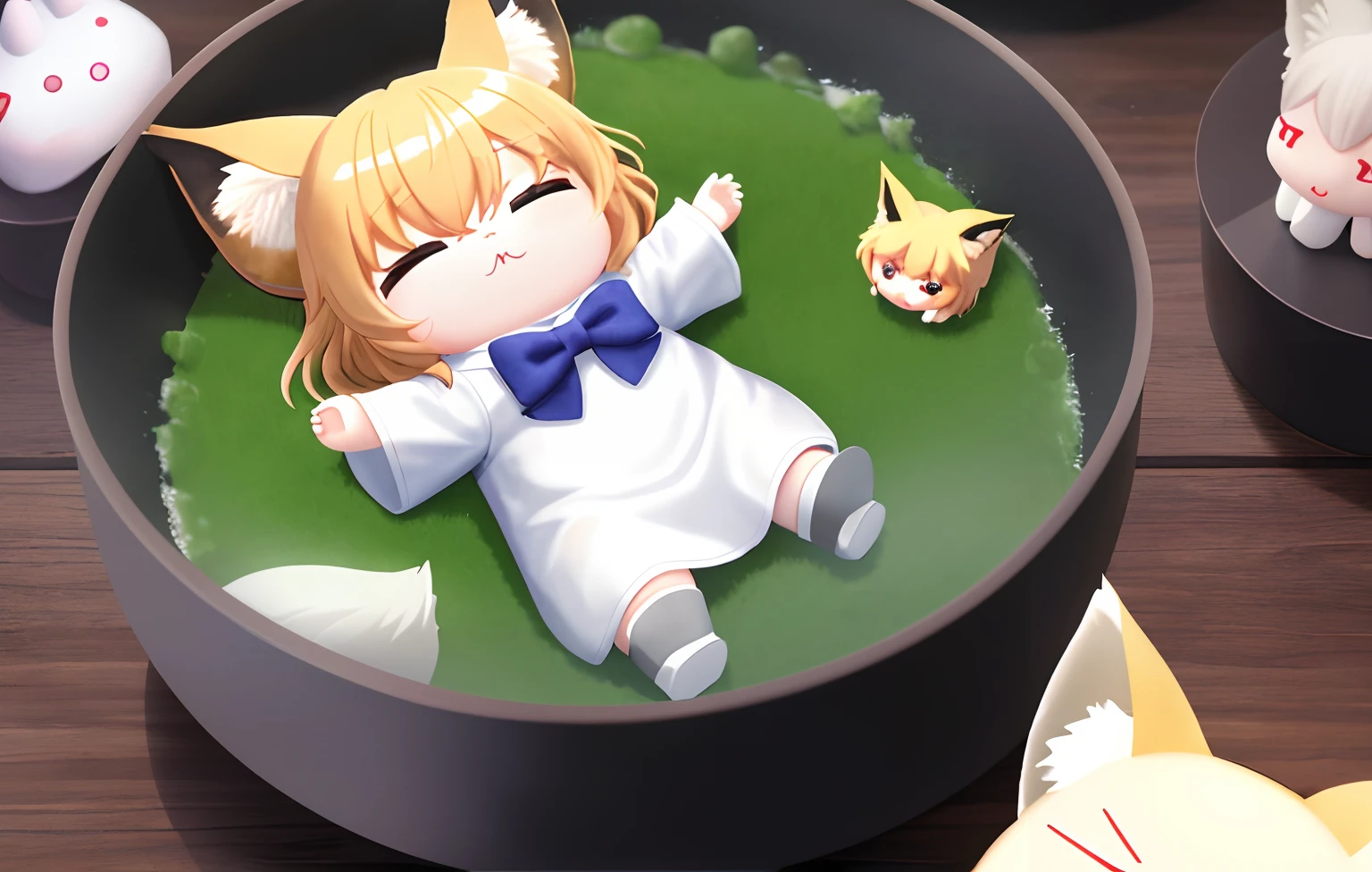 Waving the flag at the summit、Pop Mart Blind Box IP、Close up of cute white robe doll、Young One Angel Style、Wear longer, Dress fluently、Lop style、Poseline doll、Little people々々々々々々々々々々々々々々々々々々々々々々。unreal enginee 5、Light 3D/C4D production: 8K HD quality/illuminating/Ultra-fine lens description 1.5、flawless、Chibi Background/Cinematic。Tuna bowl、macadamia、(((7Foxes get along well)))