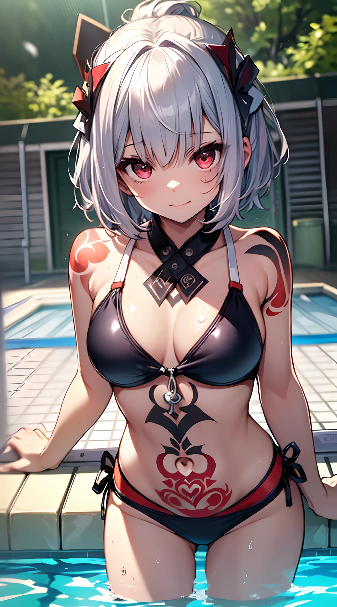 top-quality、Top image quality、in 8K,4K,​masterpiece、(NSFW:1.1)、ultra-detailliert、Beautiful、ultra-quality、cute little、girl with(((18year old、School Swimwear 1:3、Bust 78、silber hair、a short bob、Red Eyes、erotick:1.4、Happiness、The tattoo)))、hiquality、visualart、Background with((Pool 1.2))、masutepiece