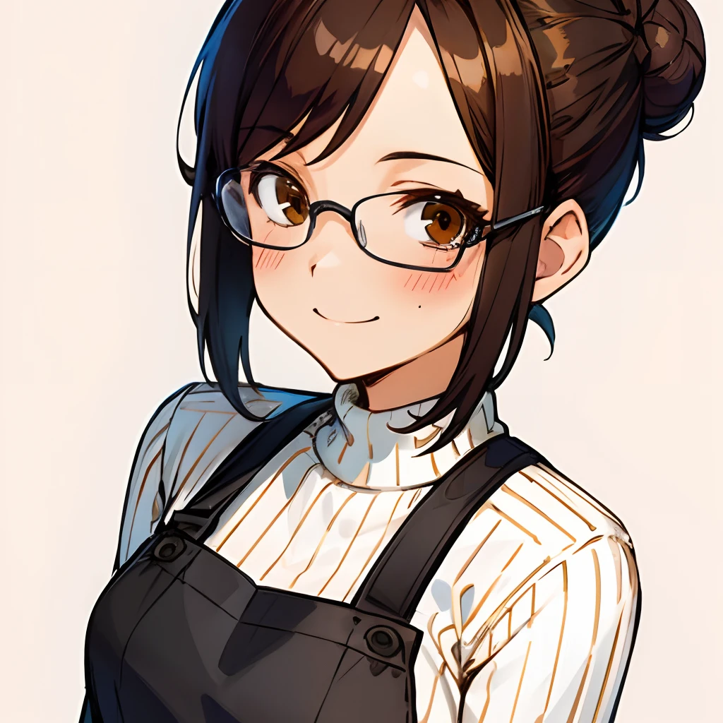 1woman, short brown hair in a bun, brown eyes, glasses, black apron, white ribbed sweater, blush, smile, solo, best quality, masterpiece, portrait, simple background, looking at the camera, from the front, 1result, vibrant, detailed, perfect anatomy, detailed art, high definition, 4k, high resolution