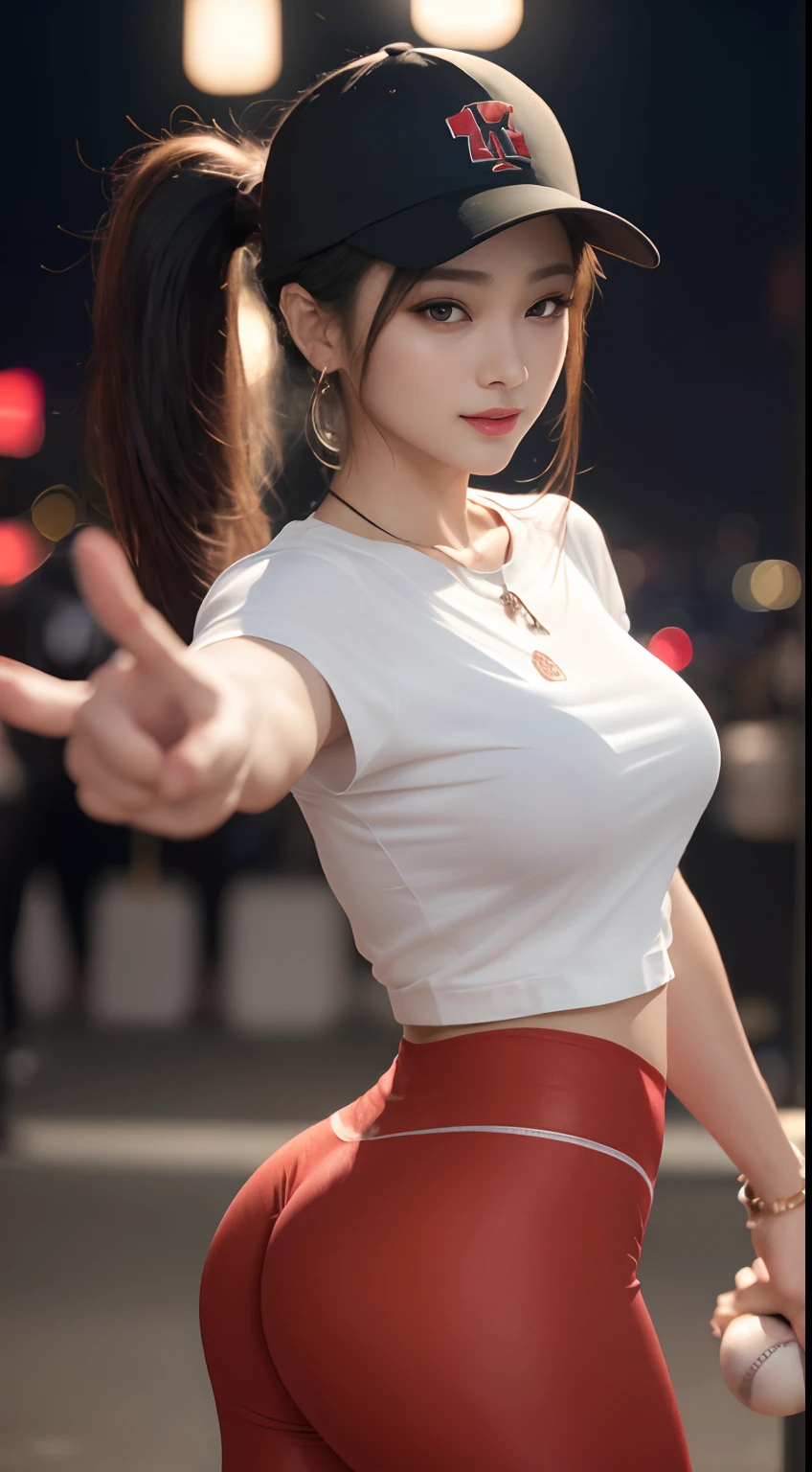 8k, masterpiece, RAW photo, best quality, photorealistic, extremely detailed CG unity 8k wallpaper, Depth of field, Cinematic Light, Lens Flare, Ray tracing, (extremely beautiful face, beautiful lips, beautiful eyes), intricate detail face, ((ultra detailed skin)) 1girl, full body, big breasts, in the dark, deep shadow, pretty korean girl, kpop idol,(very slim slender fit-muscled body), ((looking at viewer)),(big smile), (fashion city night, (neon sign), (blurry background), midnight, (vacant city), (without people in the background), pretty korean girl, white diamond earrings, dia bracelets, dia necklace, clear eyes, walking , front shot, (pale skin), face forward, (big eyes), ((upper body shot)), (baseball cap), ((red color leggings)), (camel toe,  shape), ((T-shirt)), (ponytail),  (((Kamasutra pose))), on the ground