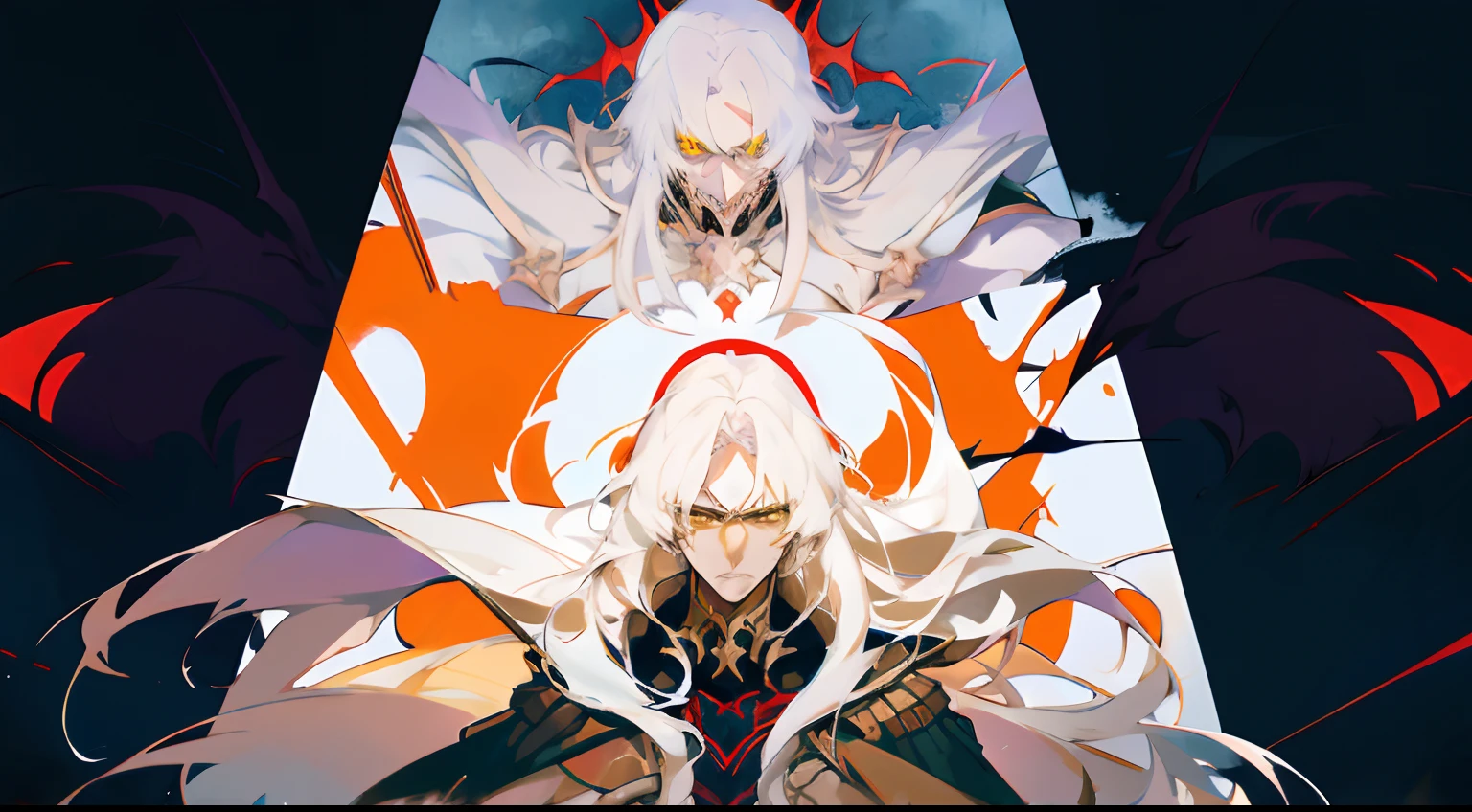 anime character with long white hair and yellow eyes, albedo from the anime overlord, griffith from berserk, alucard, griffith, albedo from overlord, with glowing yellow eyes, johan liebert mixed with alucard, screenshot from guro anime, it has a piercing gaze, from overlord, handsome guy in demon slayer art