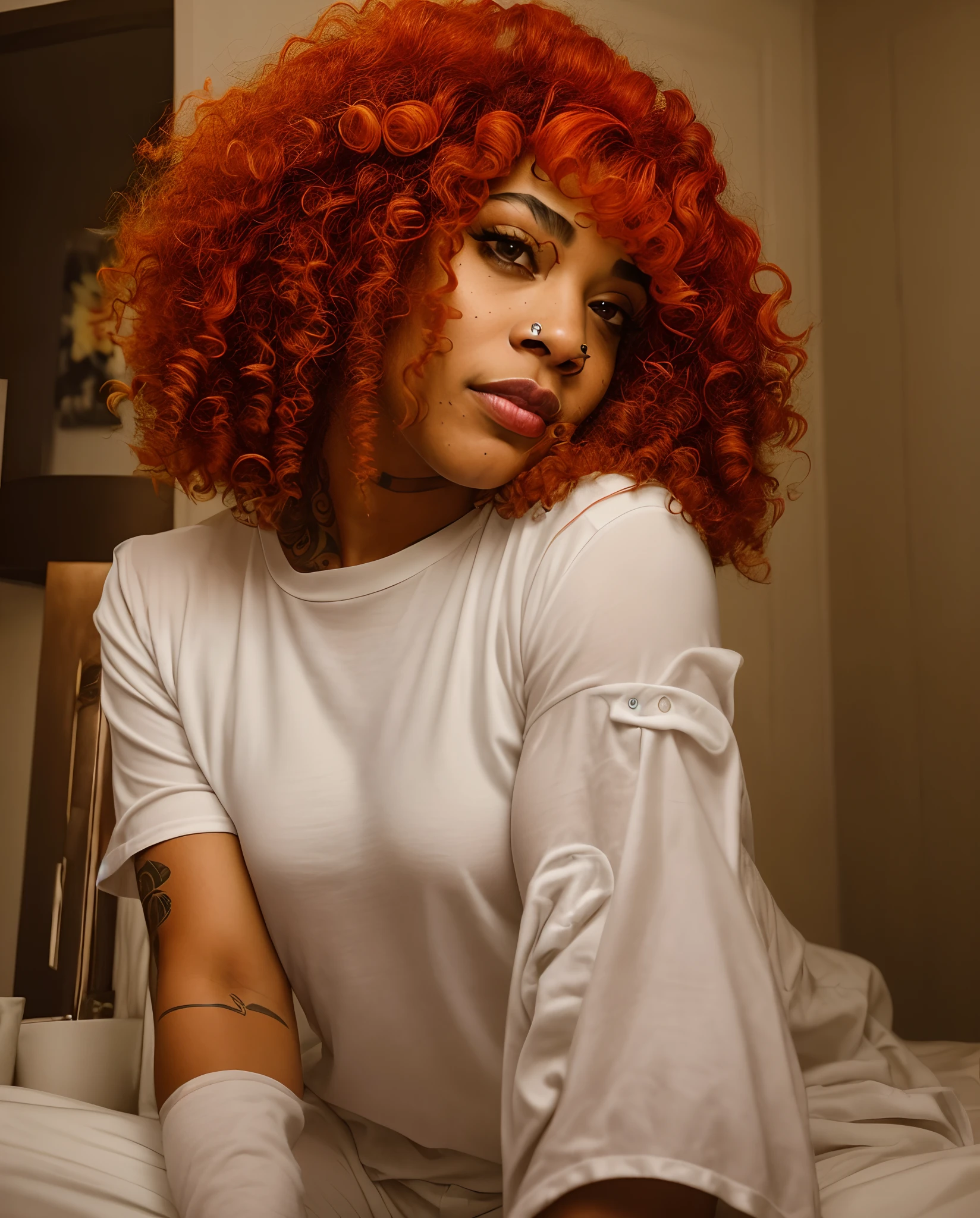 there is a woman with a tattoo on her arm sitting on a bed, ashteroth, tessa thompson inspired, red hair, tessa thompson, tattoo sleeve on her right arm, curly haired, profile image, infp young woman, red hair, dressed in a white t shirt, curly afro, without makeup, selfie of a young woman, red curly hair, doja cat, photo of a black woman
