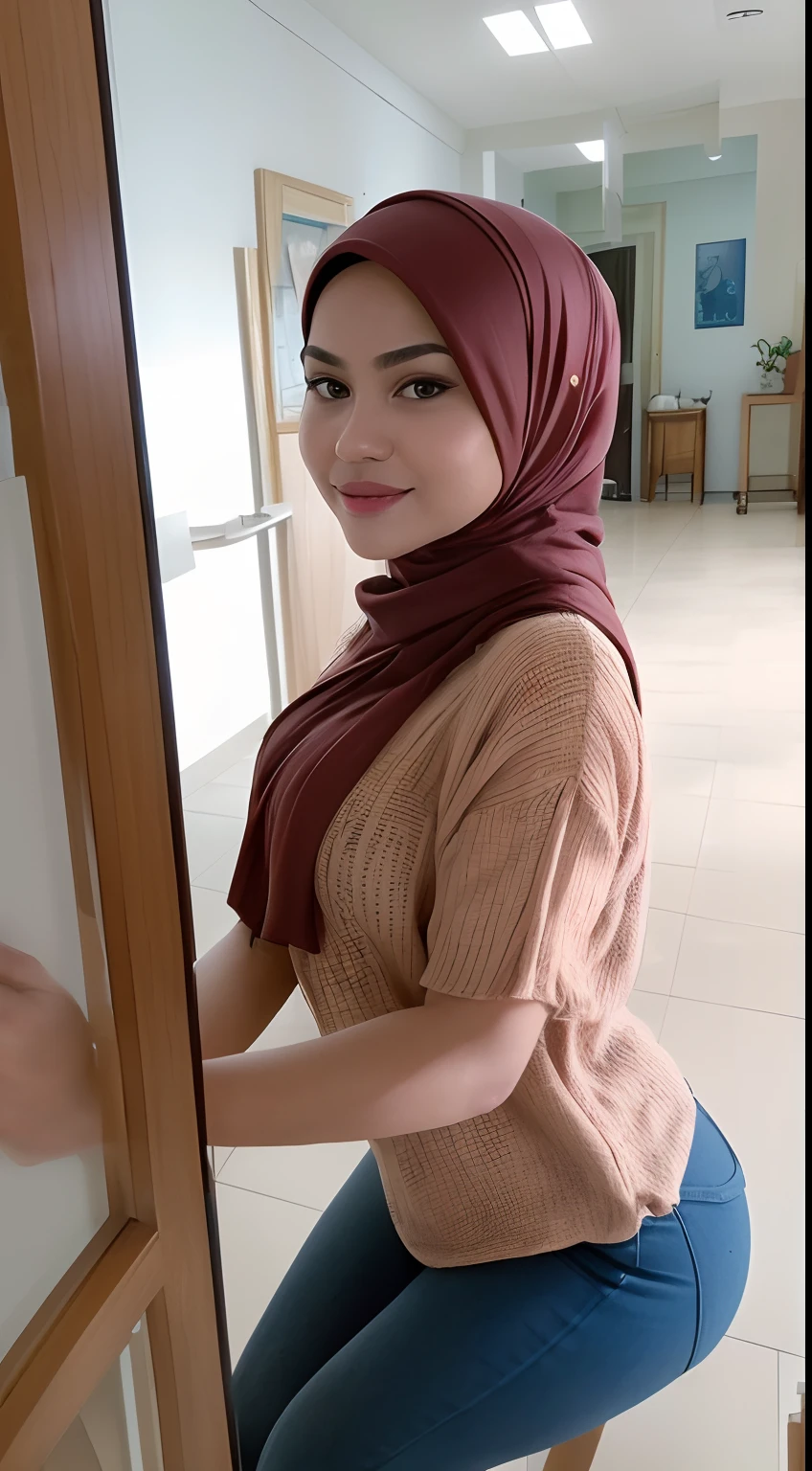 masterpiece, Best Quality, A high resolution,(photographrealistic:1.4) (depth of fields),(Lens Glow) ,Sony α7, 35 mm, F1.8, ((hotpants、small ass:1.2,))、
Plain pastel color hijab、
White fair skin, Cute, portrait of malay famous actress)), ((Business suits:1.6、low rise jeans:1.2,action)), Sexy buttocks:1.5,Dynamic Angle, Beautiful perfect body,(Medium Waist:1.5)、posterior view、