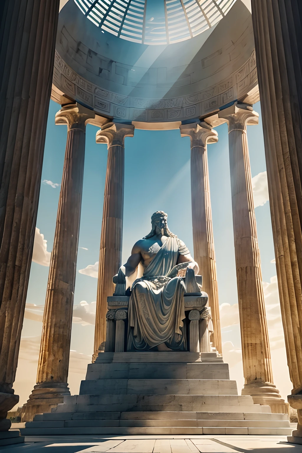 stunning illustration of the majestic Statue of siting Zeus at Olympia with Temple of Zeus at Olympia, throne atmosphere, radiating a sense of mythical wonder and mystery, expert lighting techniques, crayon colors, touch of realism, intricate details, enchanting world Immerse, Greek mythology, visually captivating depiction, meticulous rendering, precise rendering techniques, mesmerizing effect, beautiful effect, exudes the highest quality, true masterpiece, making it a must-see for any art enthusiast, Step into a world of fantasy and wonder, crisp clarity that is unmatched, (impeccable quality:1.3), (insane details:1.3), exquisite detail,