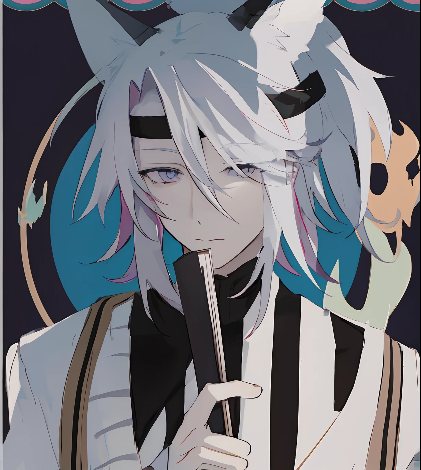 A white-haired anime character holding a fan, Hajime Iwatate, a white-haired deity, Nephilpito, white-haired fox, anime fox, digital artwork inspired by Danganronpa, handsome Japanese demon boy, Kawato Kaji, discordant PFP, anime character, inspired by Masanobu Okumura. (best quality, 4k, highres, masterpiece:1.2), ultra-detailed, (realistic, photorealistic, photo-realistic:1.37), HDR, UHD, studio lighting, ultra-fine painting, sharp focus, physically-based rendering, extreme detail description, professional, vivid colors, bokeh, portraits, anime, concept artists, color tone: white and blue, lighting: soft and ethereal.