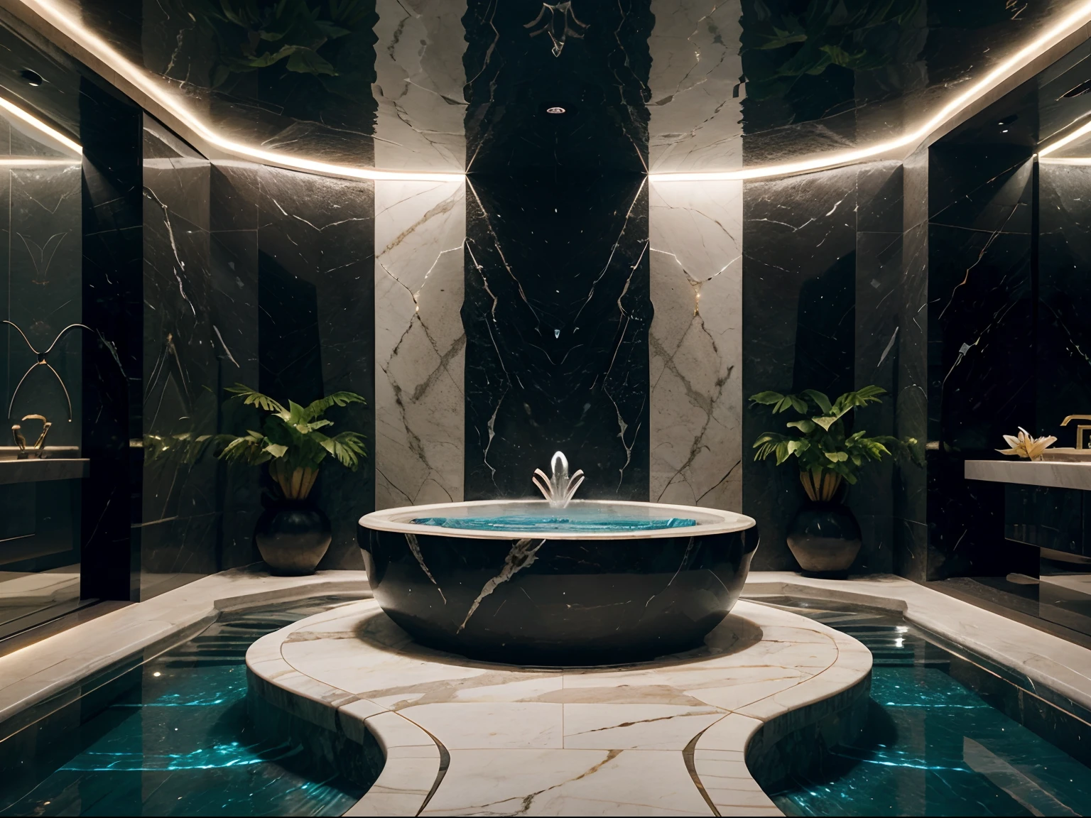 incredible luxurious futuristic interior bathroom with pool and jacuzzi in Ancient Indian style with many ((lush plants)) (lotus flowers), ((palm trees)), rocky walls, (sand), ((amazing waterfalls)), (marble), ((precious minerals)), ((metals)), (gemstones), crystals, clouds and ((water)), futuristic luxury furniture, crocodiles, ((hieroglyphics)), (((ultra luxury))), (black marble) – with ((beautiful lights)), Unreal Engine, HQ, 16k