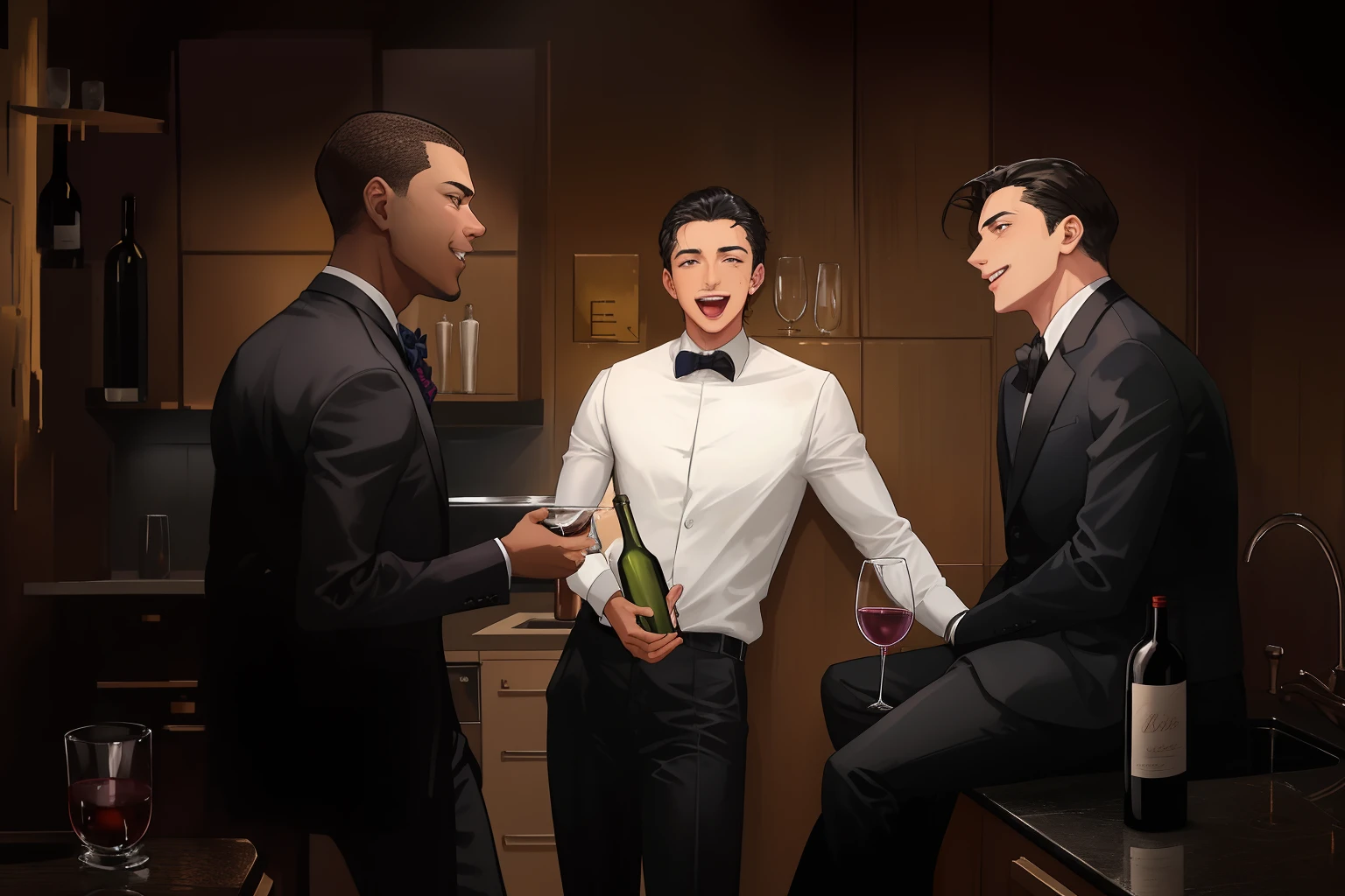 Three men in suits are standing in the kitchen with a bottle of wine, amusing, everyone having fun, Mid-20s, threesome, night life, promo image, promo shot, attractive man, businessman, promo still, Gentlemen's Club Lounge, friendship, early evening, Looking to the right, Men in tuxedos, advertising photography