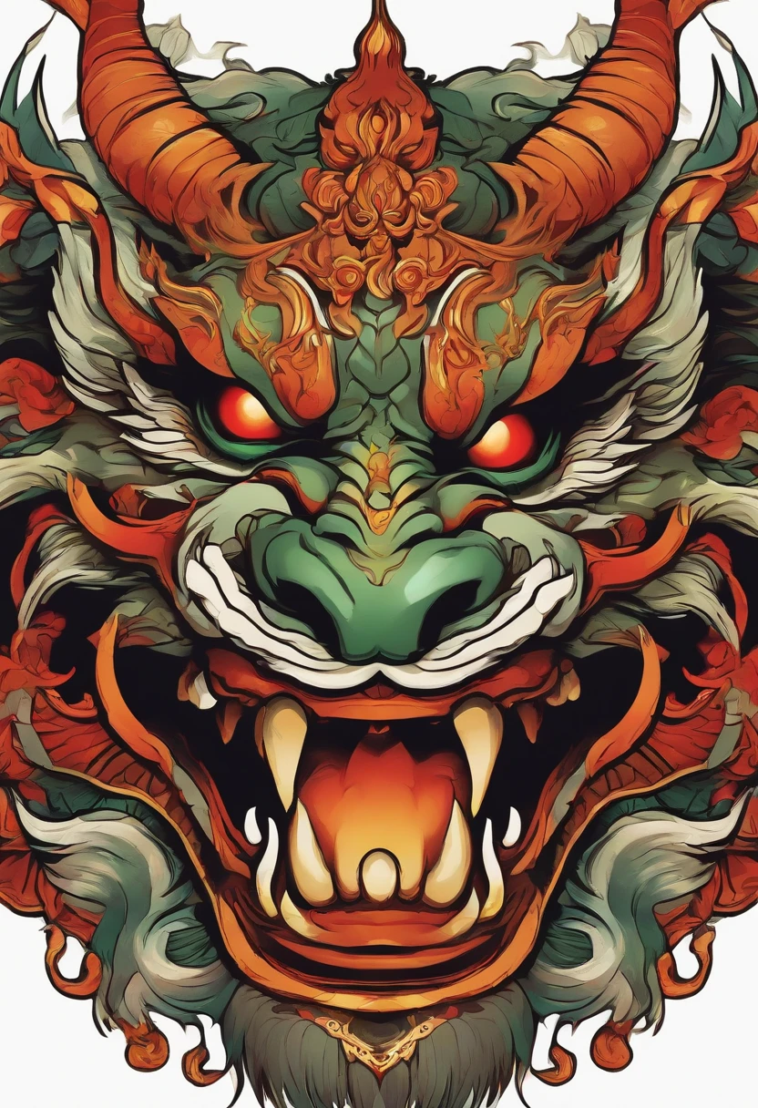 Sticker illustration on white background, Dragon-shaped goblin face painting, Oriental-style painting, Tengu Mask, Demon Samurai Mask, Asura in Chinese mythology, Bold contour style, Jagged edges, recycle bin, Light Shading --V 5.2