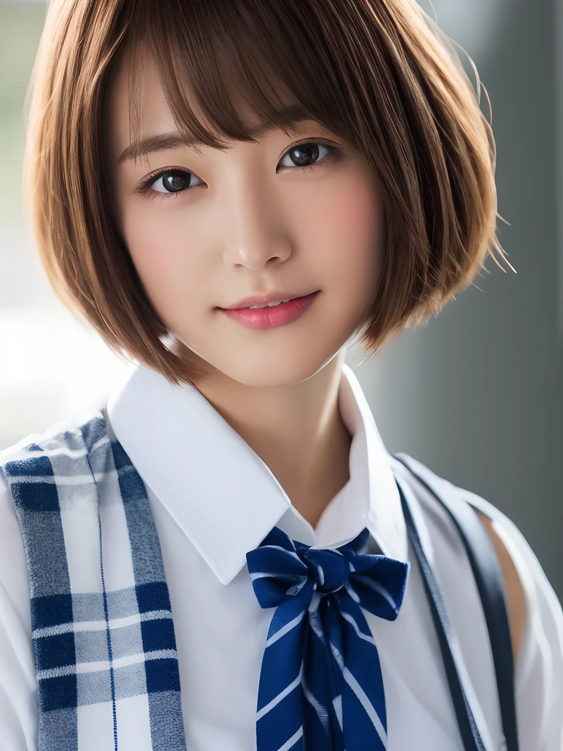 masterpiece、close up of face、front-facing view、a Japanese young pretty woman、(Bouncing cheerfully)、Gorgeous figure、Wearing a short-sleeved white collared shirt and a shiny red satin plain bow tie、Wearing a blue tartan plaid skirt、absolutely pretty face、shiny lip、Double eyelids in both eyes、Natural makeup、 long eyeslashes、shiny smooth light brown hair of medium length,、asymmetrical bangs、skin tanned、Alone in the classroom、、Headframe、image in center、8K分辨率、high detal、detailed hairstyle、A detailed face、spectacular movie lighting、octane renderings、with a vibrant、Ultra-realistic、Perfect limbs、perfect anatomia、short-hair、full body Esbian