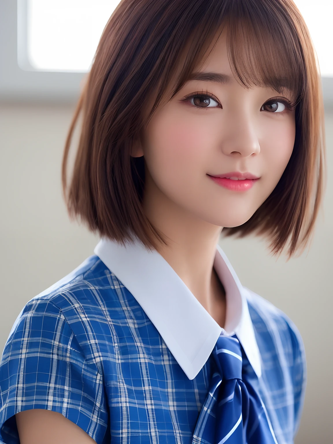 masterpiece、close up of face、front-facing view、a Japanese young pretty woman、(Bouncing cheerfully)、Gorgeous figure、Wearing a short-sleeved white collared shirt and a shiny red satin plain bow tie、Wearing a blue tartan plaid skirt、absolutely pretty face、shiny lip、Double eyelids in both eyes、Natural makeup、 long eyeslashes、shiny smooth light brown hair of medium length,、asymmetrical bangs、skin tanned、Alone in the classroom、、Headframe、image in center、8K分辨率、high detal、detailed hairstyle、A detailed face、spectacular movie lighting、octane renderings、with a vibrant、Ultra-realistic、Perfect limbs、perfect anatomia、short-hair、full body Esbian