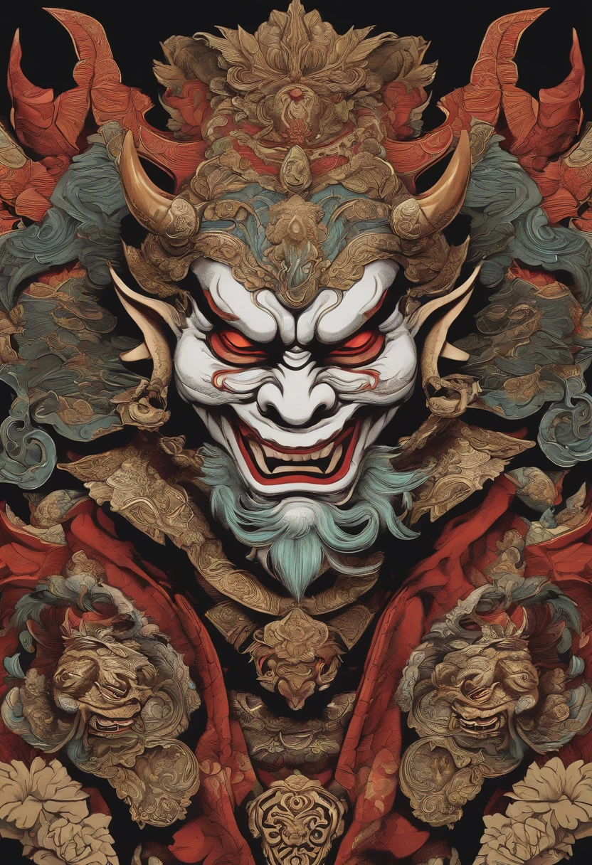Sticker illustration on white background, Dragon-shaped goblin face painting, Qiu Tianwang, Oriental-style painting, Tengu Mask, Demon Samurai Mask, Asura in Chinese mythology, Bold contour style, Jagged edges, Front painting, recycle bin, Light Shading --V 5.2