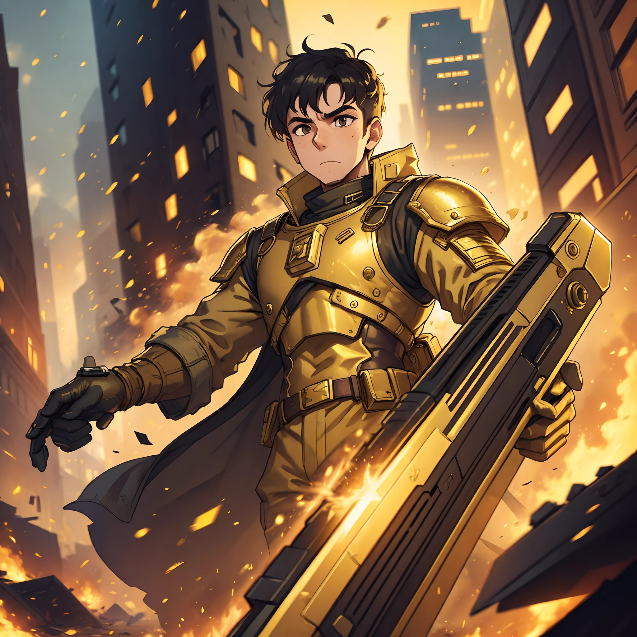 Man in golden army suit, sick art, shooting from golden Glock, blurry backround with destroyed buildings