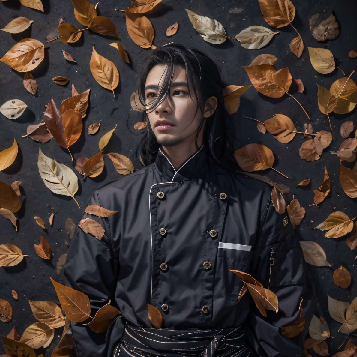 Full body male chef 32K(tmasterpiece,k hd,hyper HD,32K)Long flowing black hair,ponds,zydink, a color, patriot (Silly man), (Gold scarf), Combat posture, looking at the ground, long whitr hair, Linen bandana, Chinese python pattern long-sleeved garment, (Abstract gouache splash:1.2), Dark clouds lightning background,Falling leaves fly(realisticlying:1.4),Black color hair,Fallen leaves flutter,The background is pure, A high resolution, the detail, RAW photogr, Sharp Re, Nikon D850 Film Stock Photo by Jefferies Lee 4 Kodak Portra 400 Camera F1.6 shots, Rich colors, ultra-realistic vivid textures, Dramatic lighting, Unreal Engine Art Station Trend, cinestir 800,Long flowing black hair,(((Male chef)))