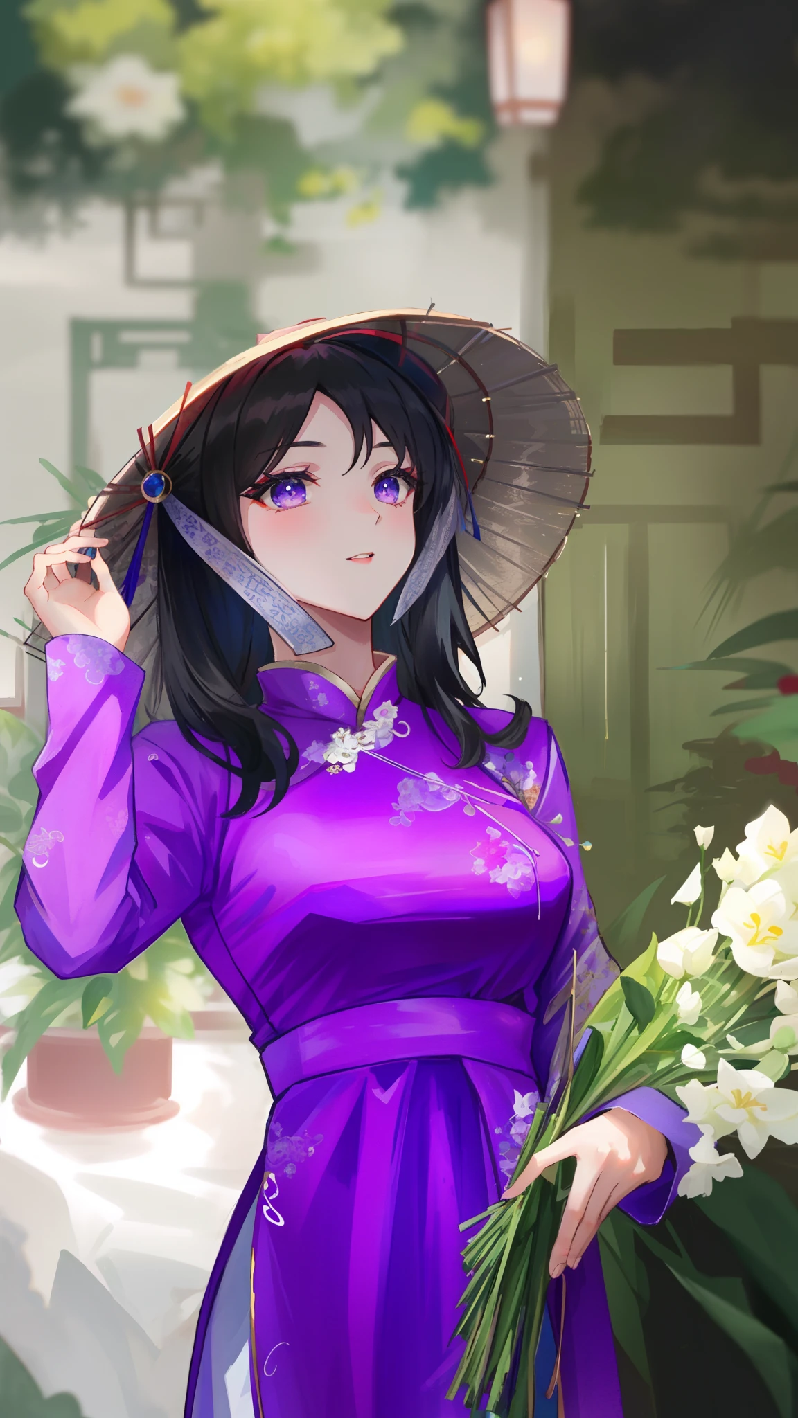 arafed woman in a purple dress and hat holding a bouquet of flowers, vietnamese woman, ao dai, in style of lam manh, asian woman, an asian woman, lovely woman, mai anh tran, beautiful lady, asian women, gorgeous lady, asian girl, traditional beauty, chinese woman, dang my linh, asian female, handsome girl