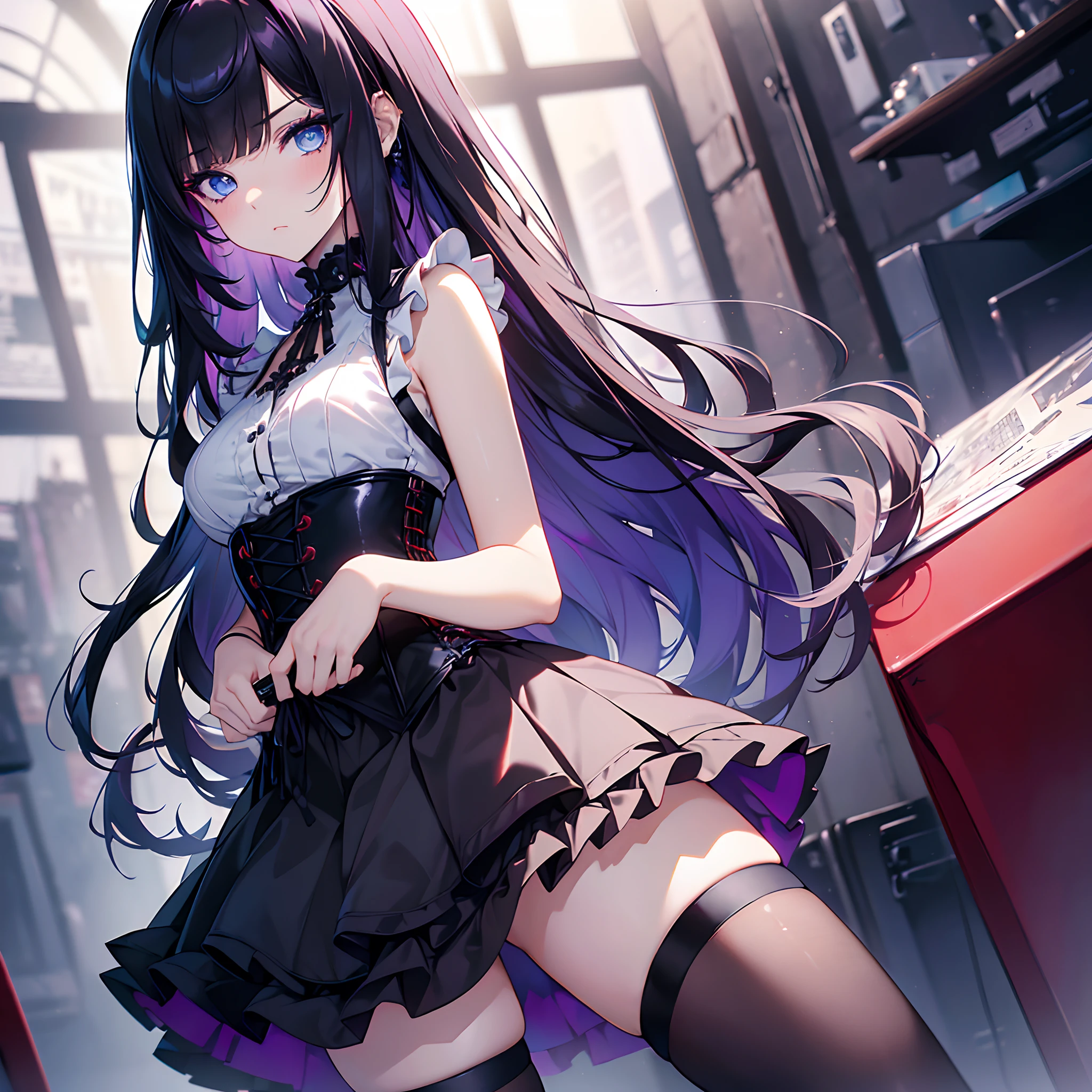 (Masterpiece, best quality, highest resolution), (1 girl, solo, goth girl, full picture, raytracing, melancholic expression, purple smokey eye makeup), (blue eyes, black hair), ((red fringes)), long hair, sleeveless shirt, corset, skirt, frills, glossy white kneehighs