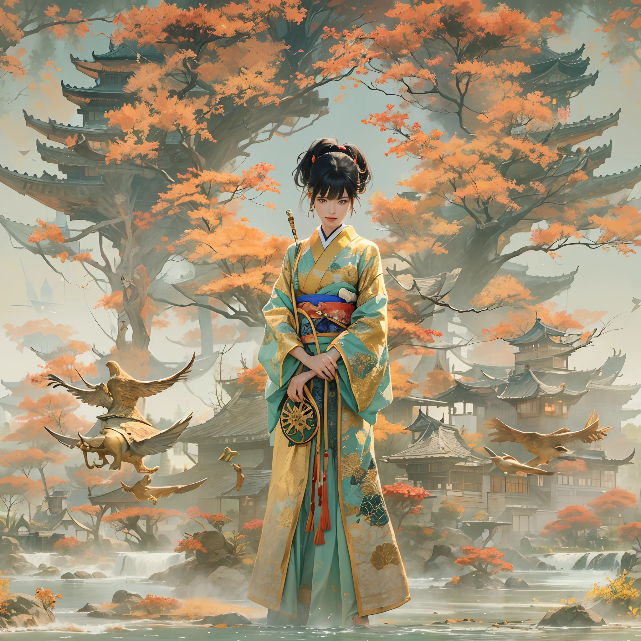 watching at viewers、Background with((ancient city:1.2)And the moon、(dense background:1.5))、BREAK {{{Luxury kimono(Colorful kimono(Detailed golden embroidery,))}}}、face perfect,Depict a beautiful and graceful woman of Japan,poneyTail、Woman with shiny black hair、perfect hand,Heart in the eye。odd eye,full body Esbian,Blur the background with a sickle,((masutepiece)), ((Best Quality))Wallpapers 16K, .Blur the background with a sickle,BREAK,((masutepiece)), ((Best Quality)),epicd(Lige Fries Photography、sony a7、50 millimeters、pores:1.5、Farbe、ultra-detailliert:1.5、film grains:1.4、hyper realisitic:1.5)、octan render、 ultra realistic lifelike textures、​masterpiece、unrealengine5、the Extremely Detailed CG Unity 8K Wallpapers、Madly detailed photo、Ultra-realistic light、(Pulitzer Prize for Best Photography、Taylor Wessing Award for Best Photography)