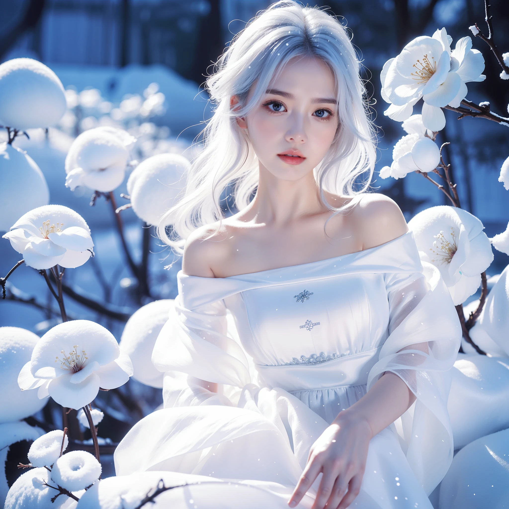 1girll,(Snow,Ice), snowflower, In winter, White hair, Shiny hair, Wavy hair, Transparent clothes, frilld, Lace, Wet clothes, Off_Shoulder, hair scrunchie,Masterpiece, Telephoto lens, absurderes, Exquisite facial features
