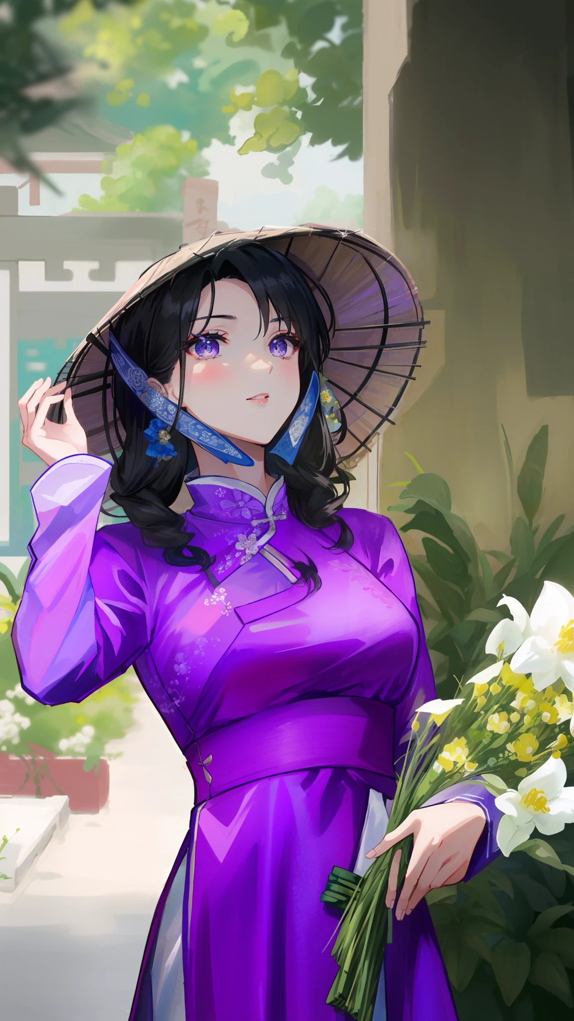 arafed woman in a purple dress and hat holding a bouquet of flowers, vietnamese woman, ao dai, in style of lam manh, asian woman, an asian woman, lovely woman, mai anh tran, beautiful lady, asian women, gorgeous lady, asian girl, traditional beauty, chinese woman, dang my linh, handsome girl, asian female