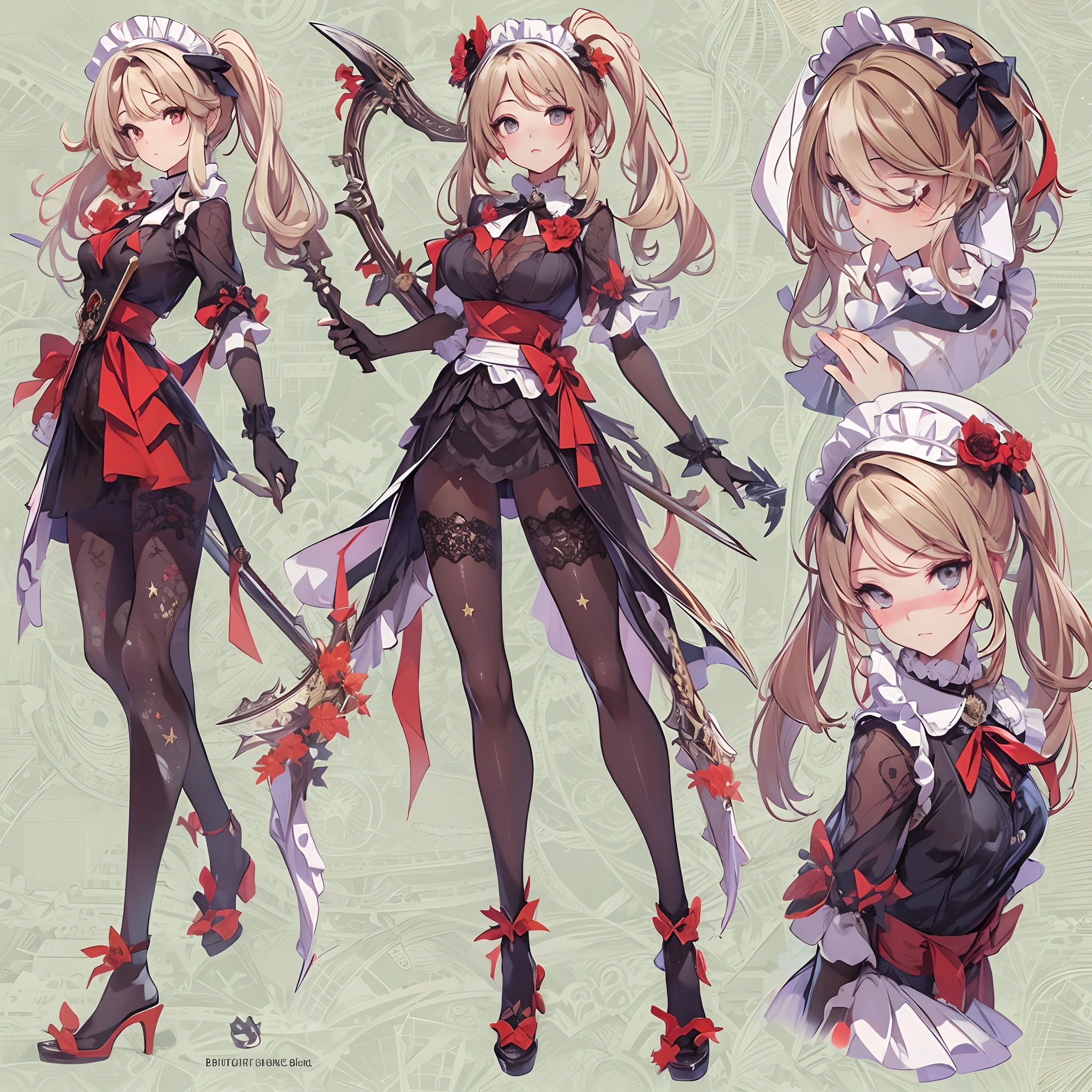 ((Masterpiece, Highest quality)), Detailed face, CharacterDesignSheet, full bodyesbian, Full of details, Multiple poses and expressions, Highly detailed, Depth, Many parts,Beautiful Maid,holding a scythe,shinigami,double-ponytail,estilo fantasia,red colour,Extremely beautiful,High Balance, Natural light, Lace,lacepantyhose,Sunny décor,Star decoration