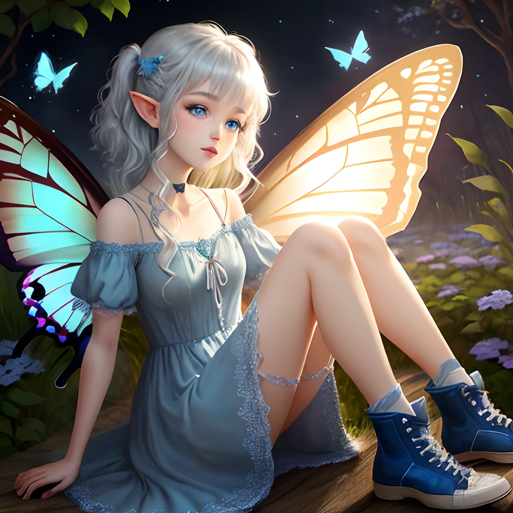 Faery, blue dress, silver hair, butterfly wing, light, blue eyes, allstar shoe,