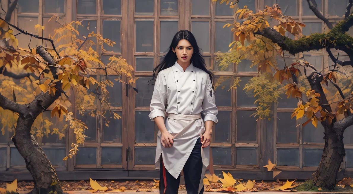 Full body male chef 32K(tmasterpiece,k hd,hyper HD,32K)Long flowing black hair,ponds,zydink, a color, patriot (Silly man), (Gold scarf), Combat posture, looking at the ground, long whitr hair, Linen bandana, Chinese python pattern long-sleeved garment, (Abstract gouache splash:1.2), Dark clouds lightning background,Falling leaves fly(realisticlying:1.4),Black color hair,Fallen leaves flutter,The background is pure, A high resolution, the detail, RAW photogr, Sharp Re, Nikon D850 Film Stock Photo by Jefferies Lee 4 Kodak Portra 400 Camera F1.6 shots, Rich colors, ultra-realistic vivid textures, Dramatic lighting, Unreal Engine Art Station Trend, cinestir 800,Long flowing black hair,(((Male chef)))